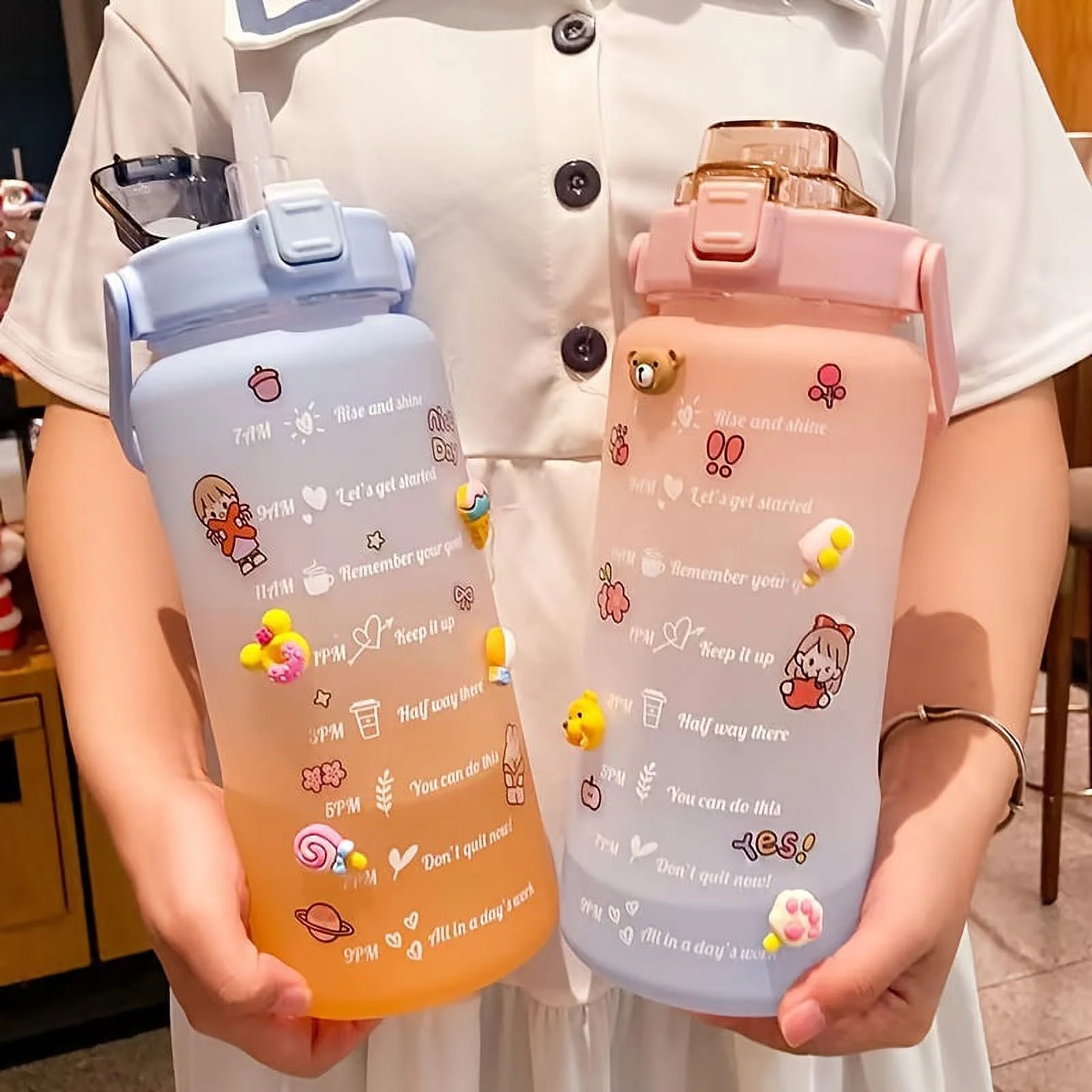 67oz BPA-Free Leakproof Water Bottle with Straw & Stickers - Kawaii Motivational Design for Office, School, Gym & Workout!