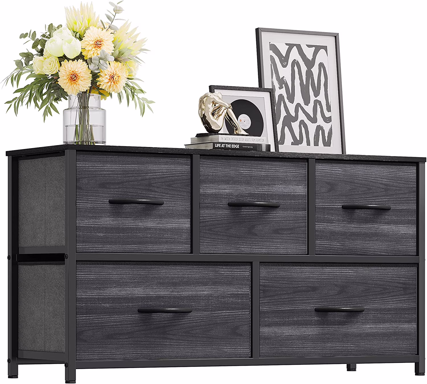 Dresser with 5 Drawers - Fabric Storage Tower for Bedroom, Living Room, Closets & Nursery - Sturdy Steel Frame, Wooden Top (Charcoal Black Wood Grain)