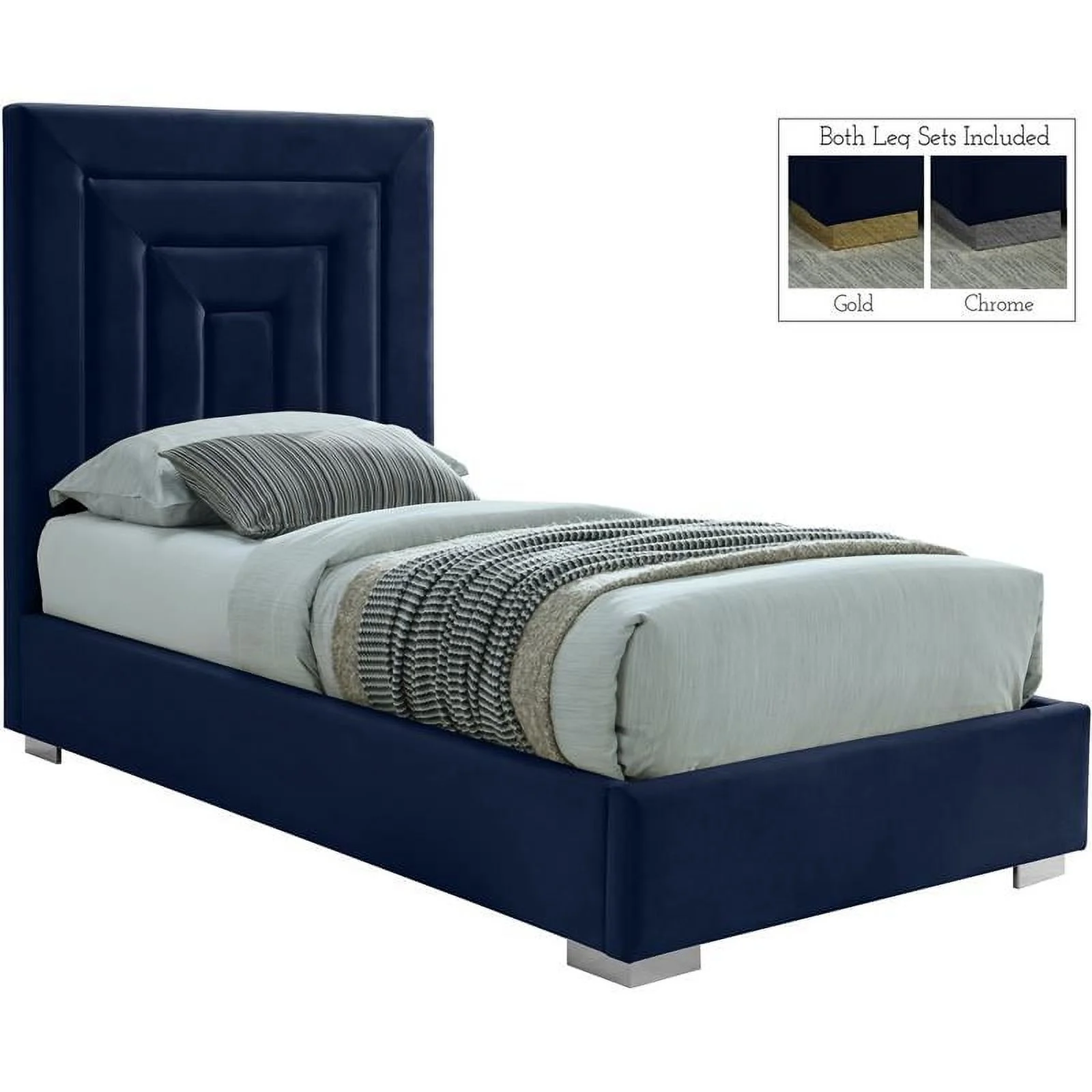 Meridian Furniture Nora Navy Velvet Twin Bed with Gold/Chrome Legs Included