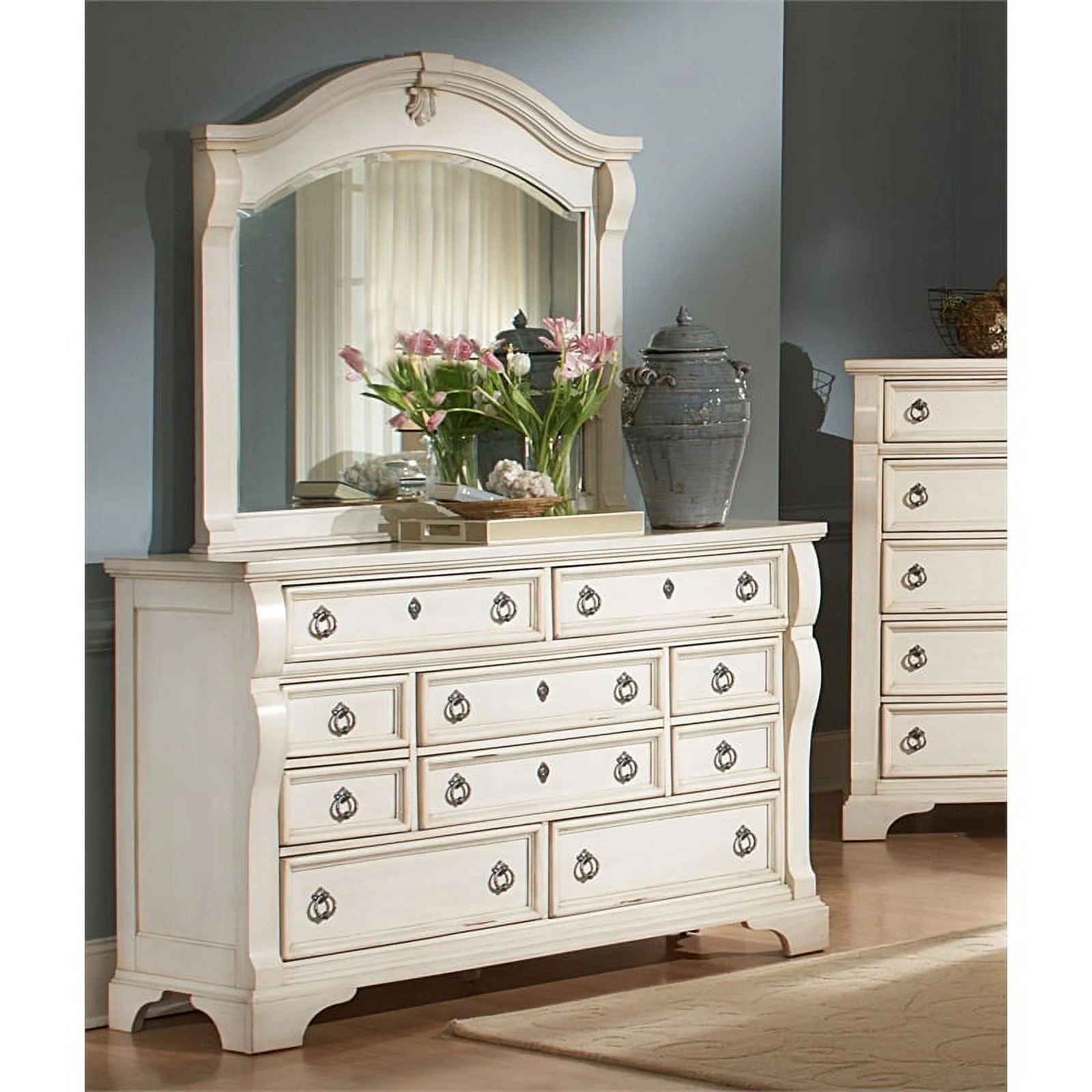 Bowery Hill White 10 Drawer Triple Dresser and Mirror