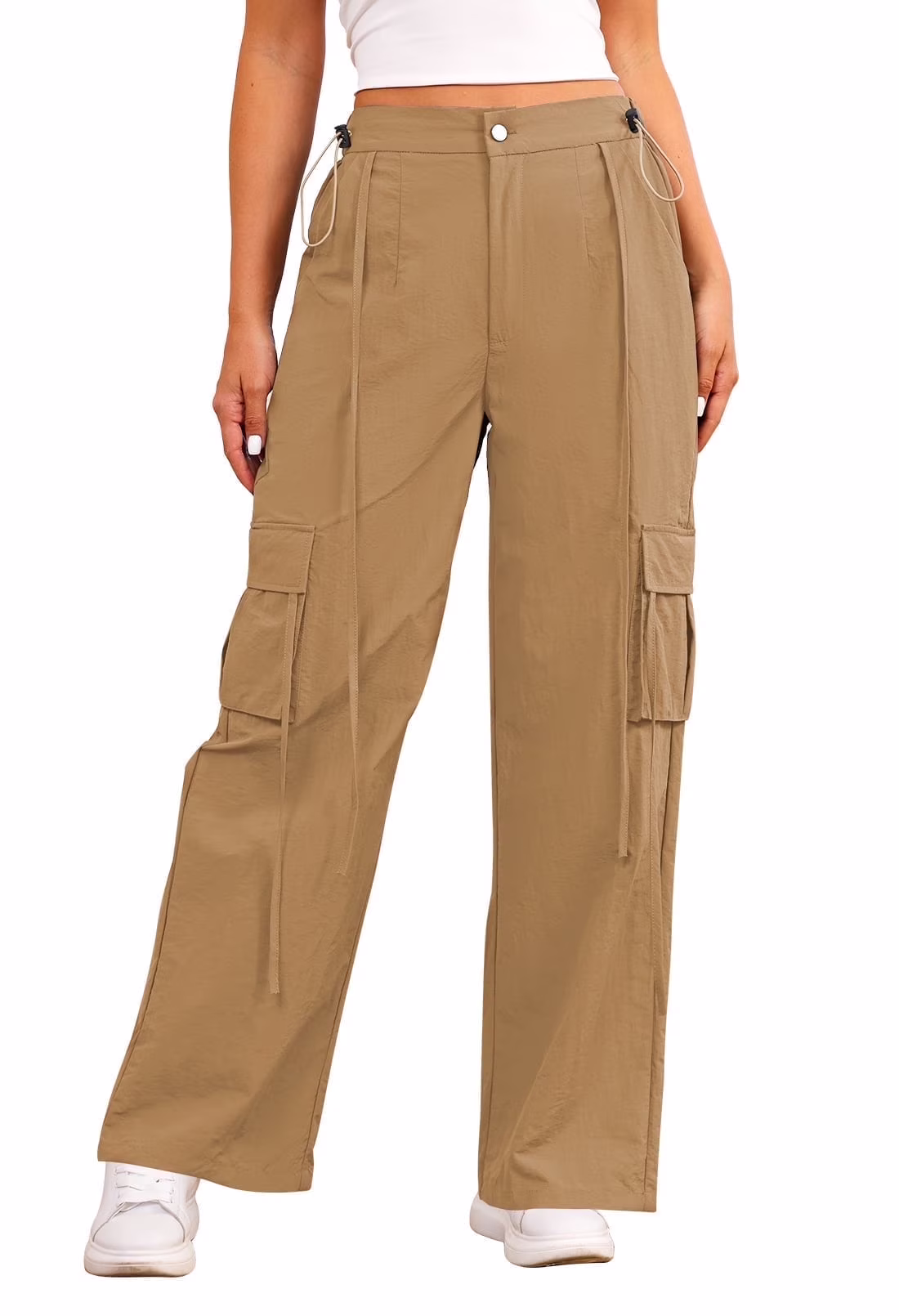 Pink Queen Women High Waisted Parachute Pants Y2k Baggy Relaxed Trousers Khaki L