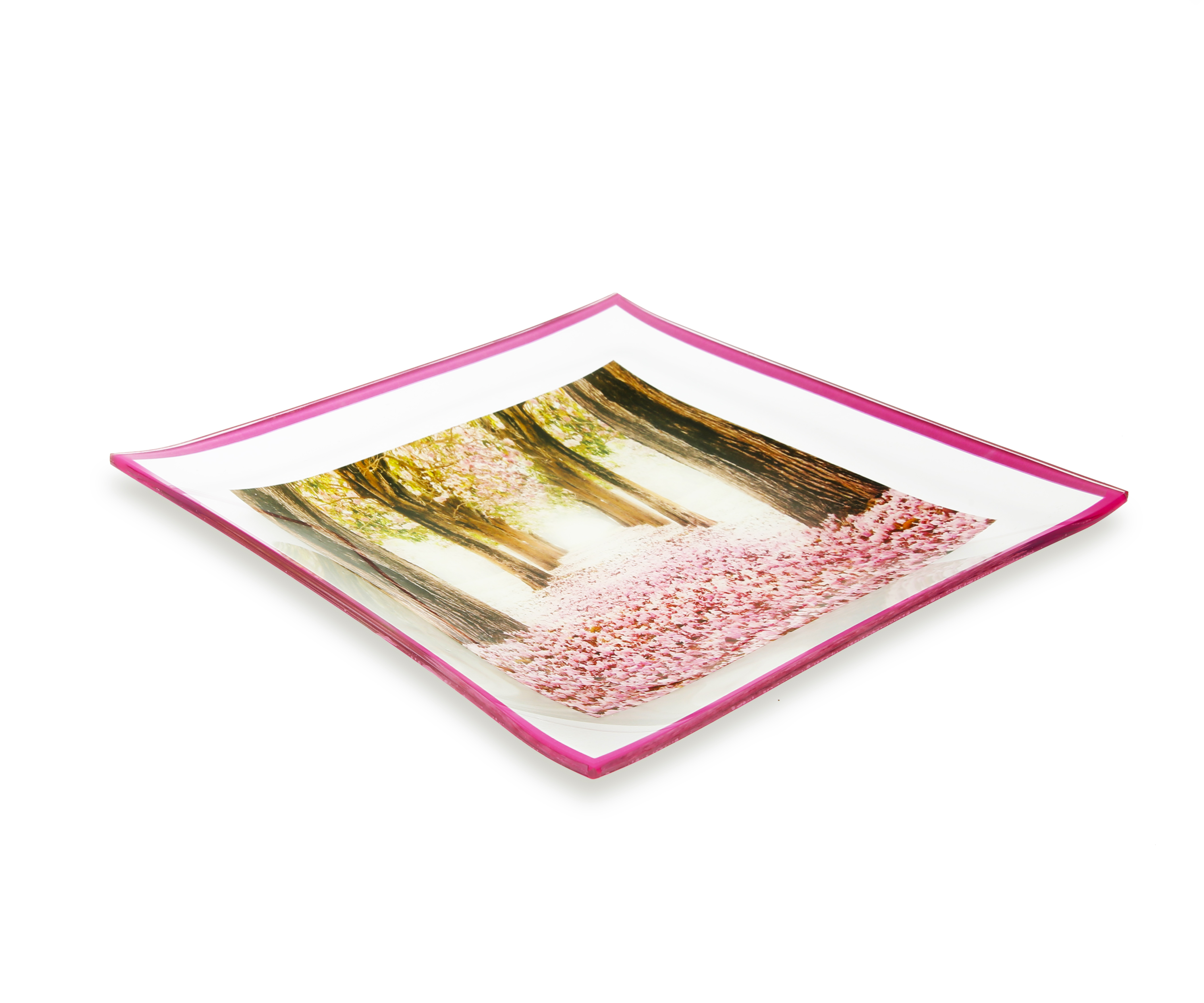 GAC Unique Landscape Design Square Tempered Glass Serving Plates – 10.5 Inch – Set of 2 – Break and Chip Resistant – Attractive Pink Colored Dinner Plate Set