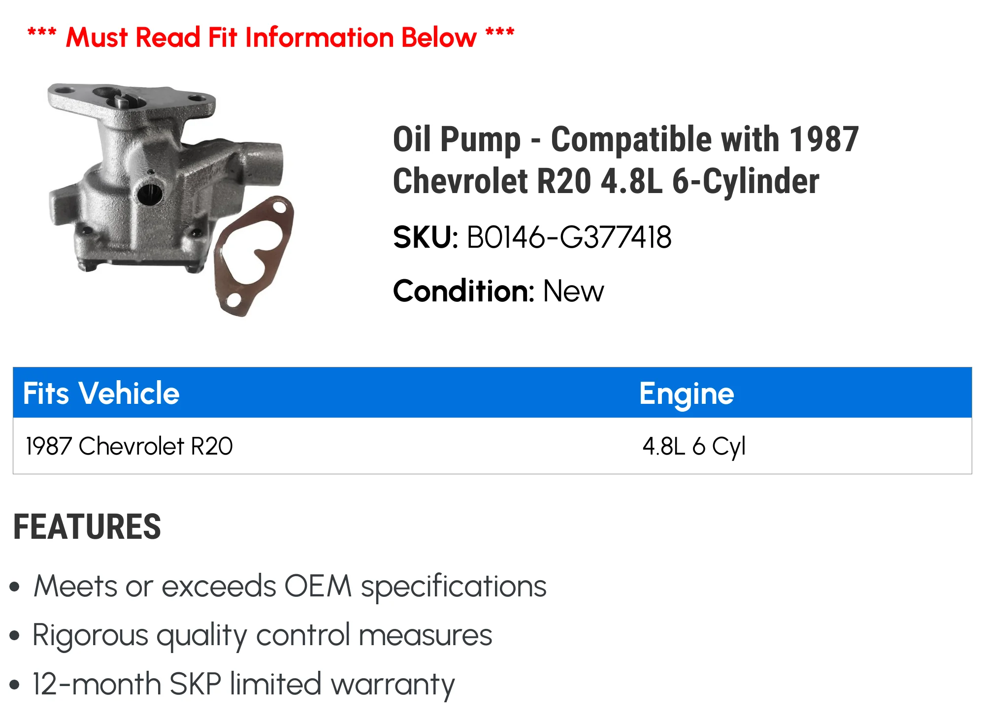 Pump - Compatible with 1987 Chevy R20 4.8L 6-Cylinder