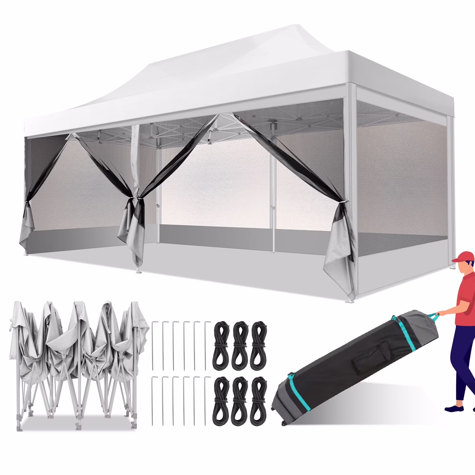 SANOPY 10' x 20' Gazebo Tent EZ Pop up Canopy Party Outdoor Instant Gazebo Shelter with 6 Removable Mosquito Side Walls & Carry Bag for Camping Wedding Picnic, White