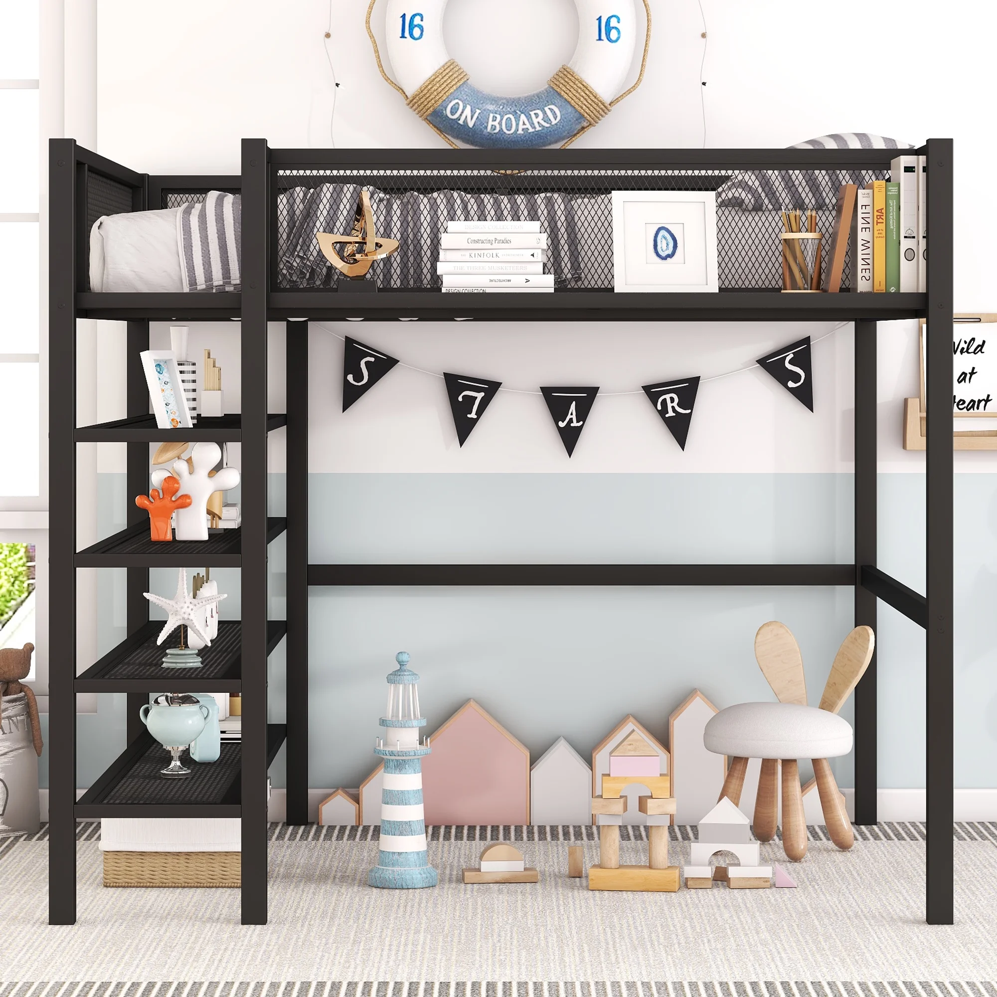 Churanty Full Size Metal Loft Bed with 4-Tier Shelves and Storage, Black