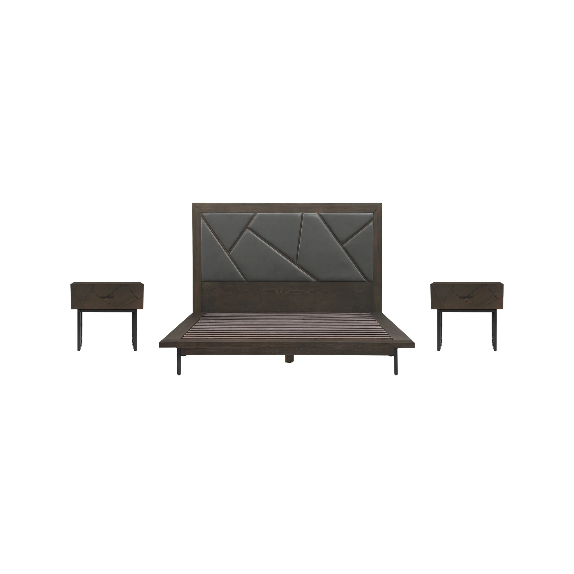 Marquis 3 Piece Queen Size Platform Bed Frame Bedroom Set in Oak Wood with Faux Leather Headboard