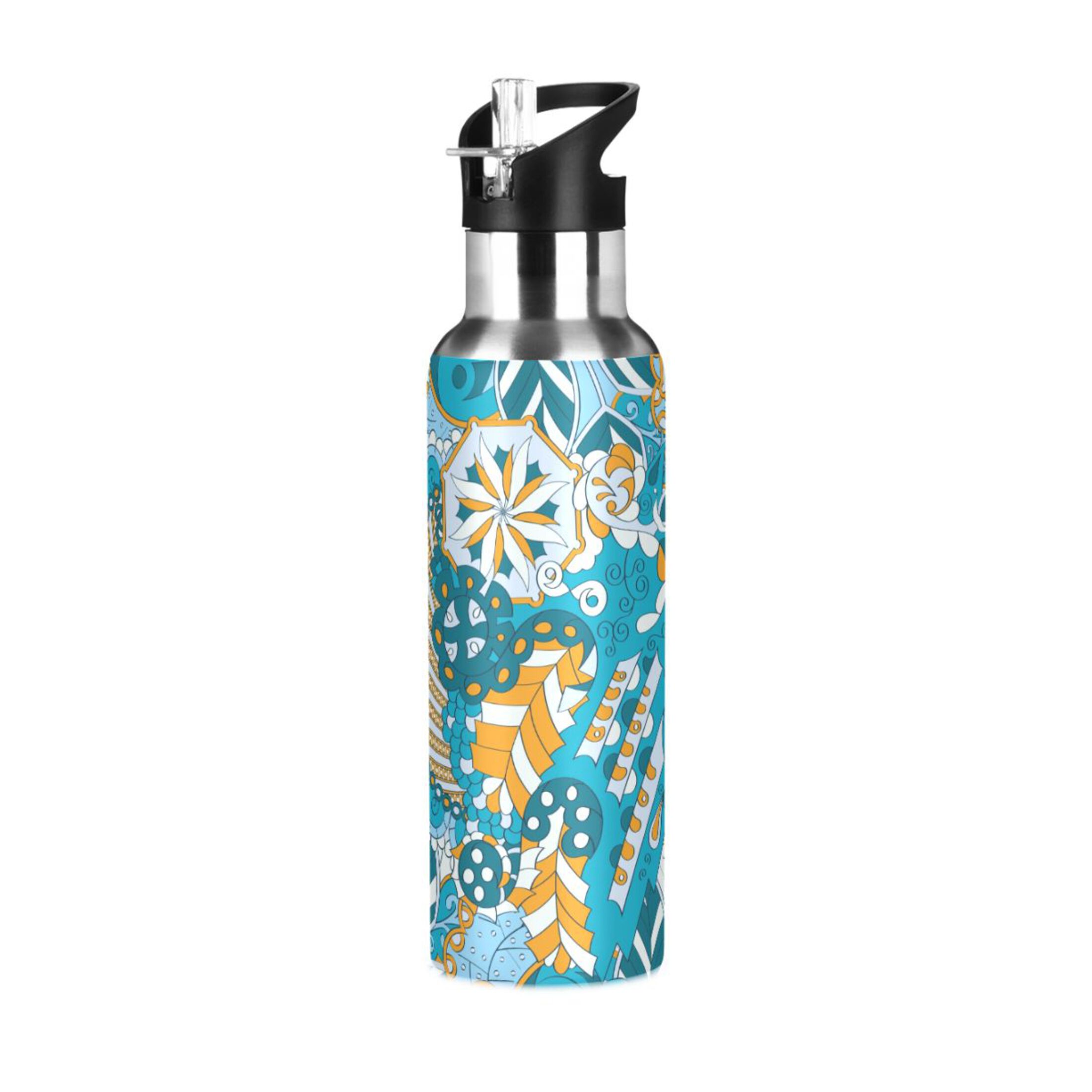 Ethnic Abstract Curved Water Bottles Insulated Thermos Kids Stainless Steel Bottle with Straw Lid Flask Leakproof for Sports Gym 20 oz