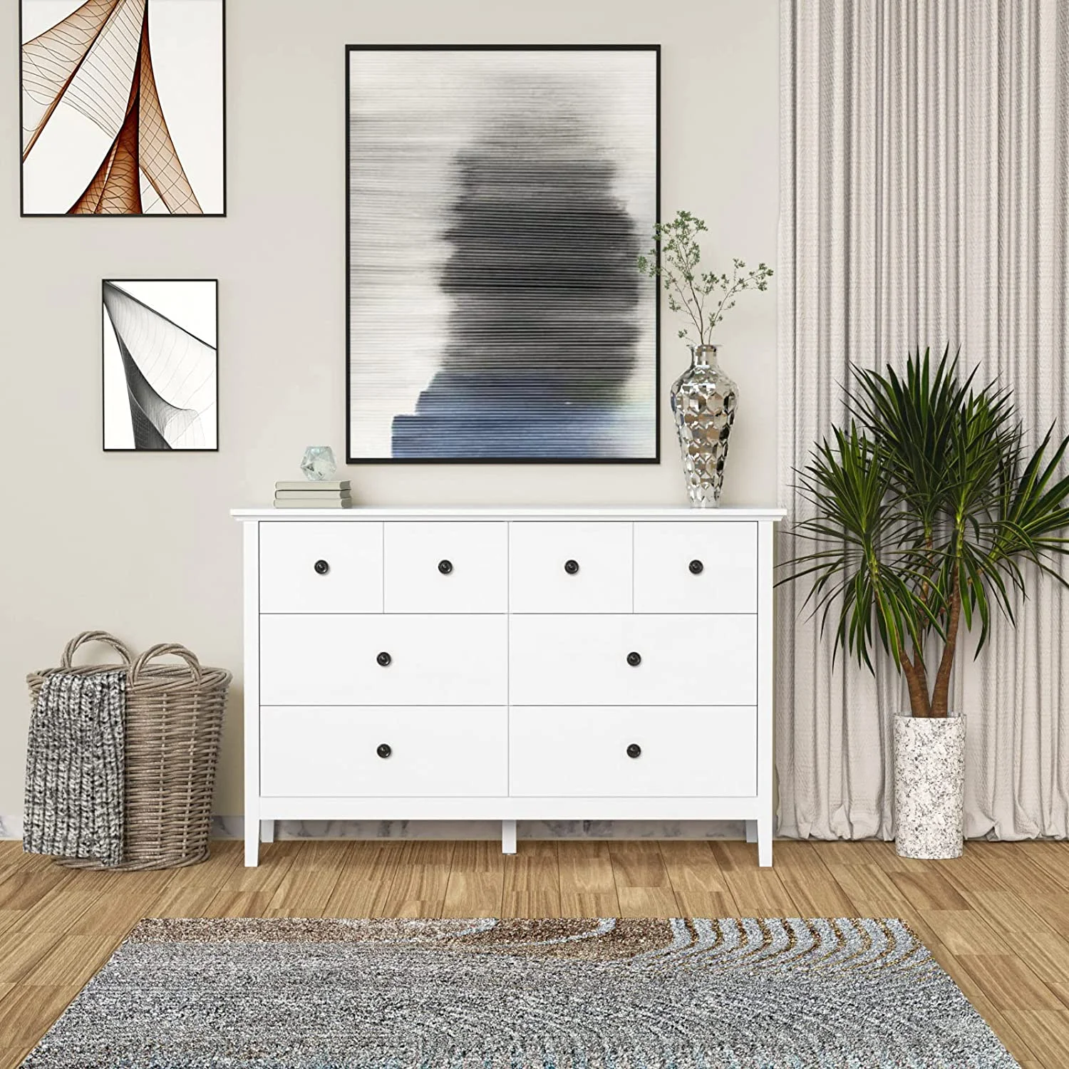 for Bedroom  Modern White Dresser with Deep Drawers  6 Drawer Double Dresser with Black Knobs and Solid Wood Legs