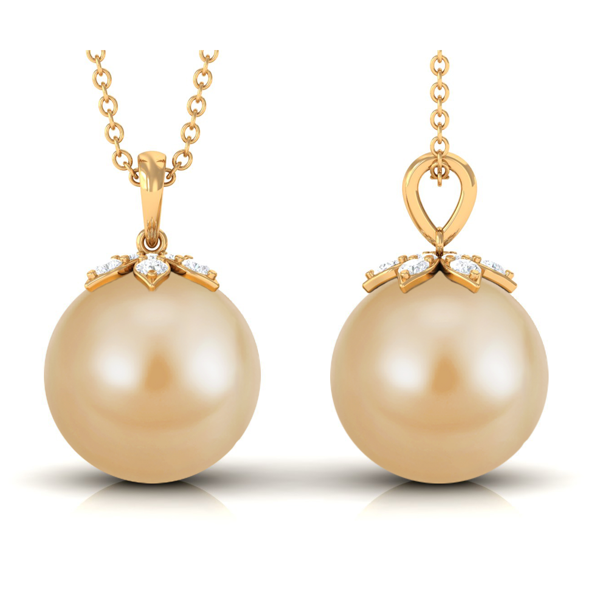 Golden Pearl Pendant Necklace for Women with Moissanite, 12 mm, AAA Grade, 18K Yellow Gold