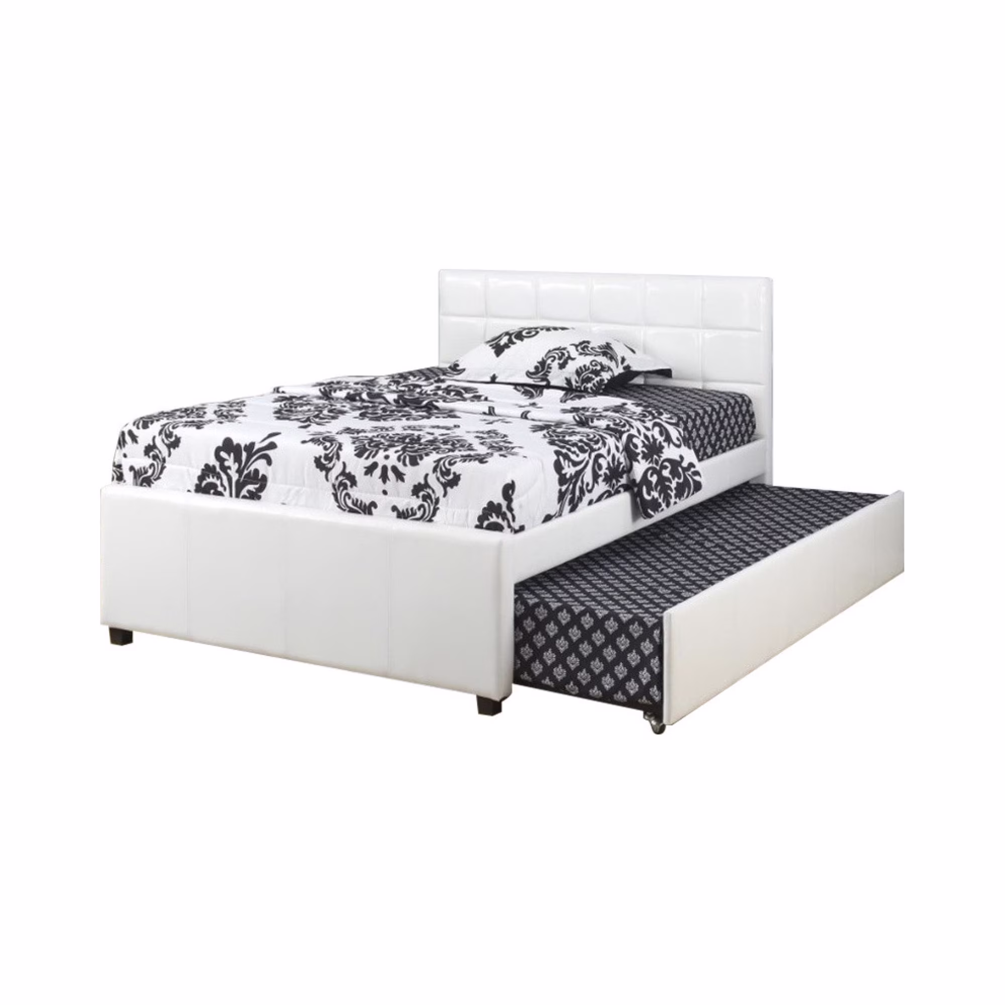 Multi utility Twin Bed With Trundle Squ Tufted Head Boards White