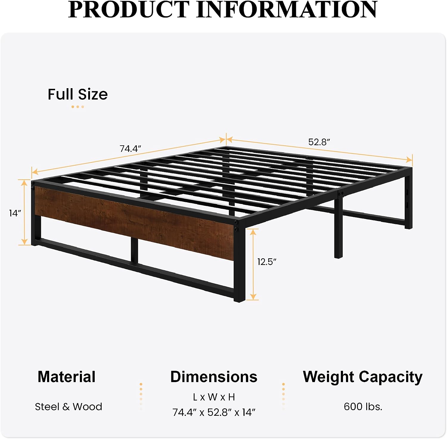 14'' Full Size Metal Platform Bed Frame with Rustic Wood & Reverse Holes/Ample Under-Bed Storage Space/Mattress Foundation/No Box Spring Needed/Easy Assembly/Noise Free, Metal Slats