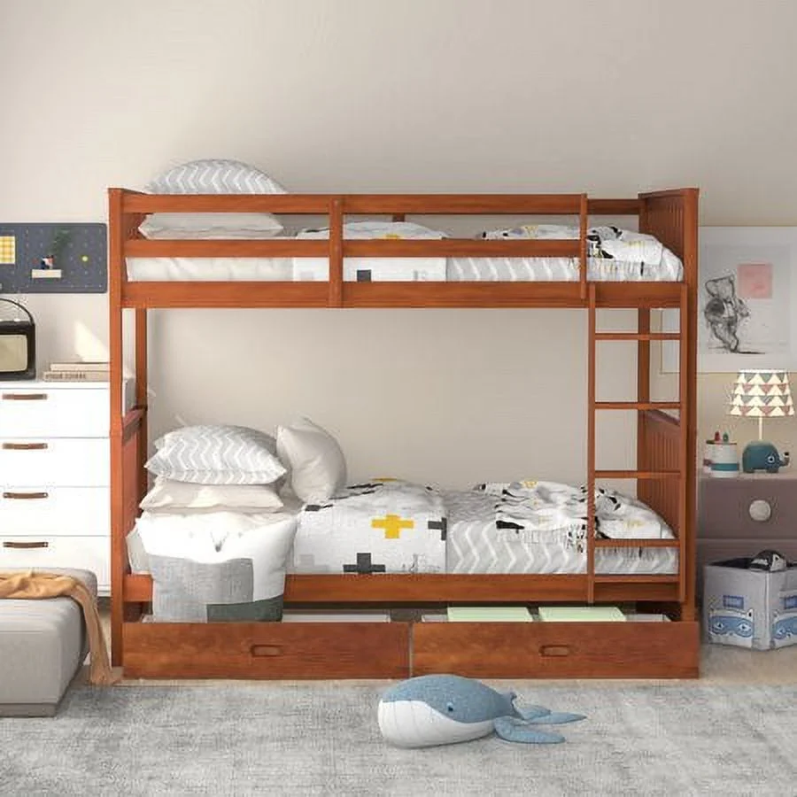CHURANTY Twin Over Twin Bunk Bed with Two Storage Drawers, Solid Wood Twin Size Loft Bed with Guardrail and Removable Ladder, Can be Converted Into 2 Separate Beds