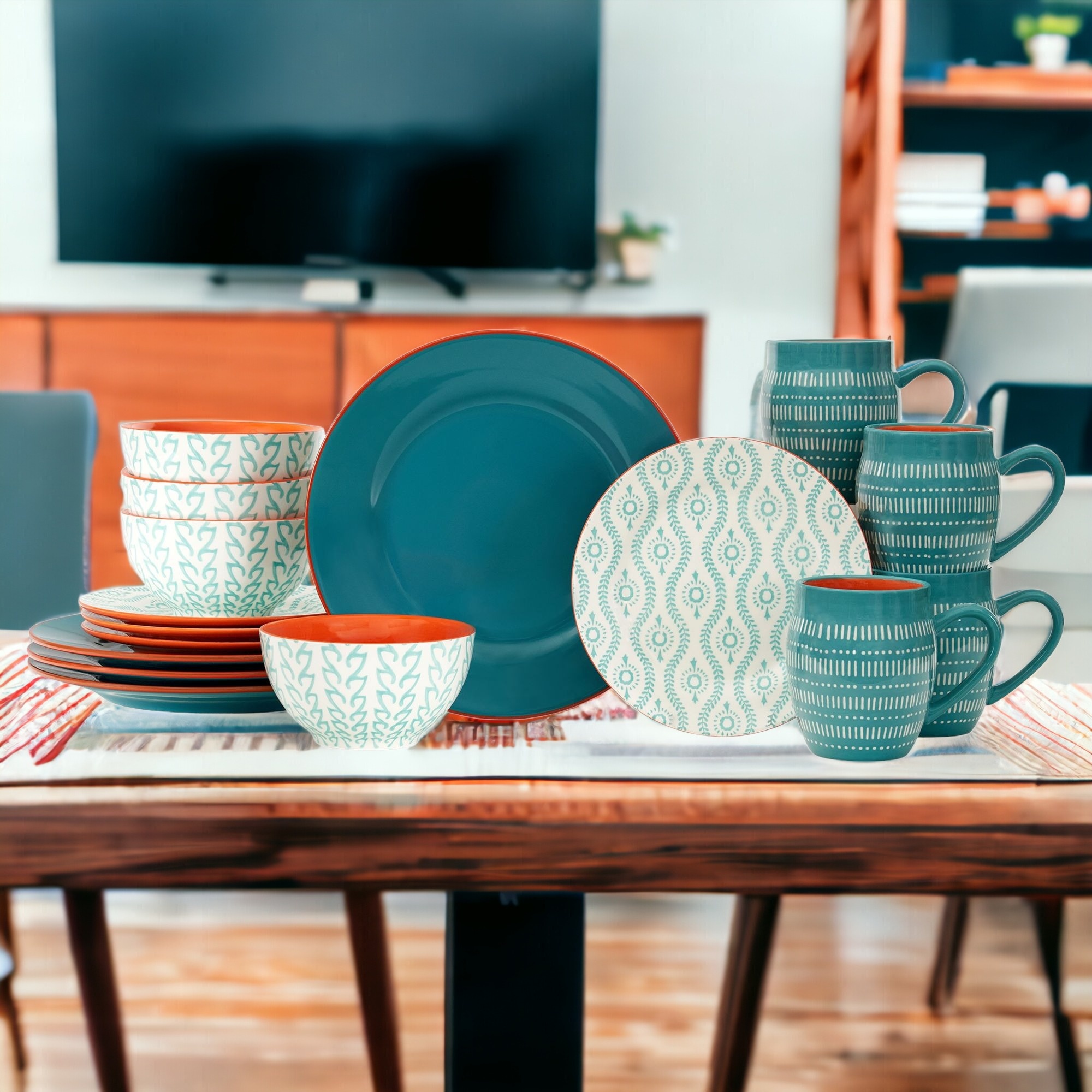 Turquoise Sixteen Piece Abstract Ceramic Service For Four Dinnerware Set