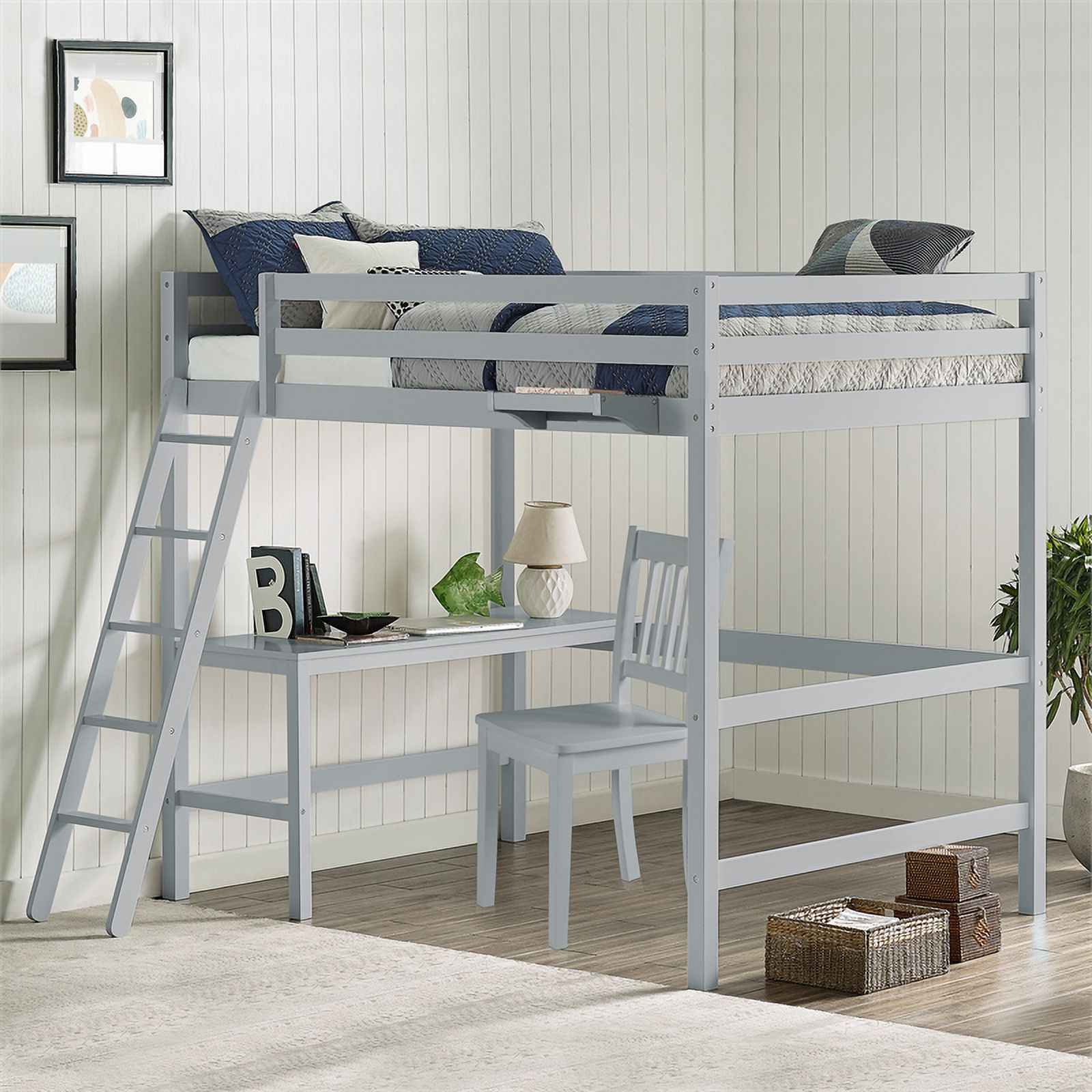 Rosebery Kids Caspian Wood Full Loft Bed with Chair & Hanging Nightstand in Gray