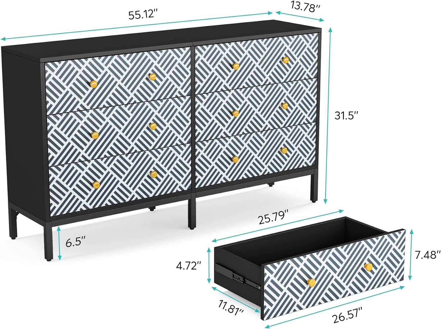 55 Inch Dresser for Bedroom with 6 Drawers  Double Wide Chest of Drawers  Wood  Dresser for Closet  Drawer Cabinet  Drawers for Living Room  Bedroom  Black and White