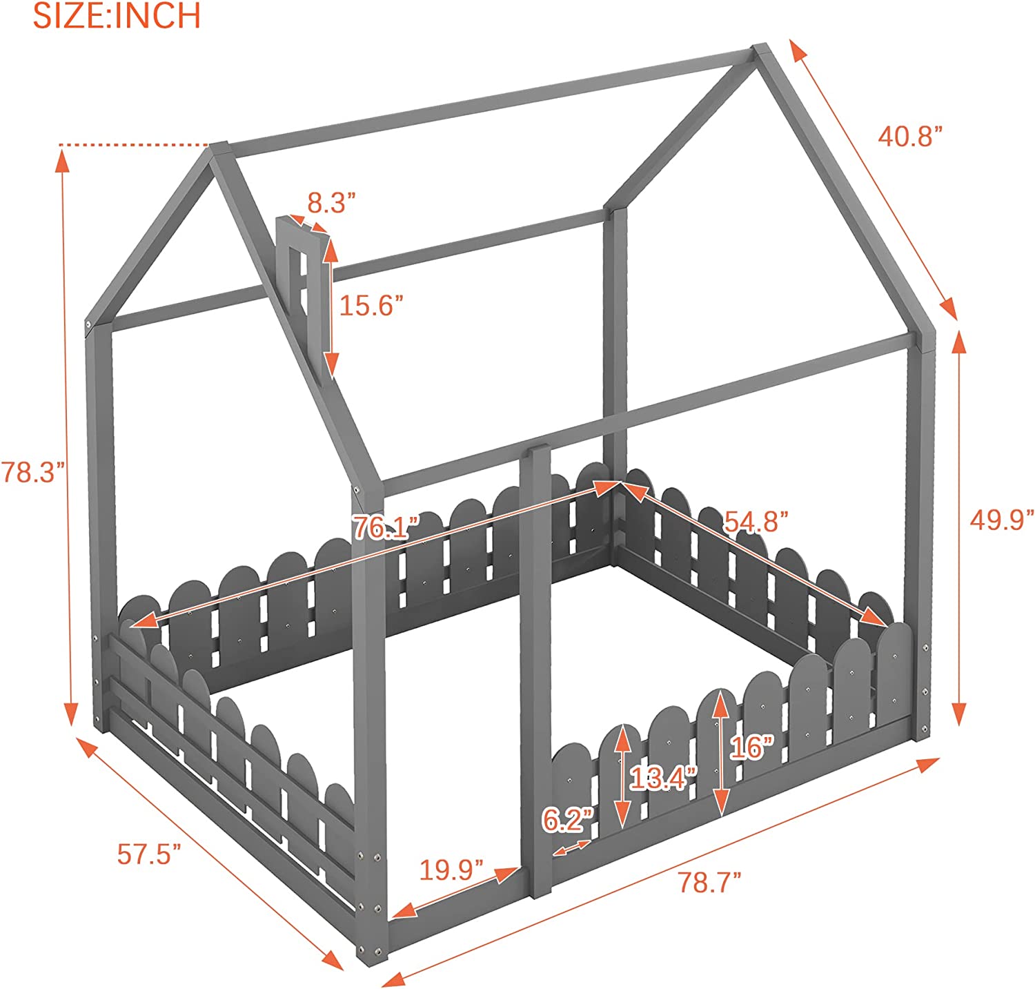 Full House Bed For Kids, Full Size Wood Bed Frame With Roof, Fence-Shaped Guardrails, Montessori Cabin Bed , Floor Bed For Kids, Teen（Grey）