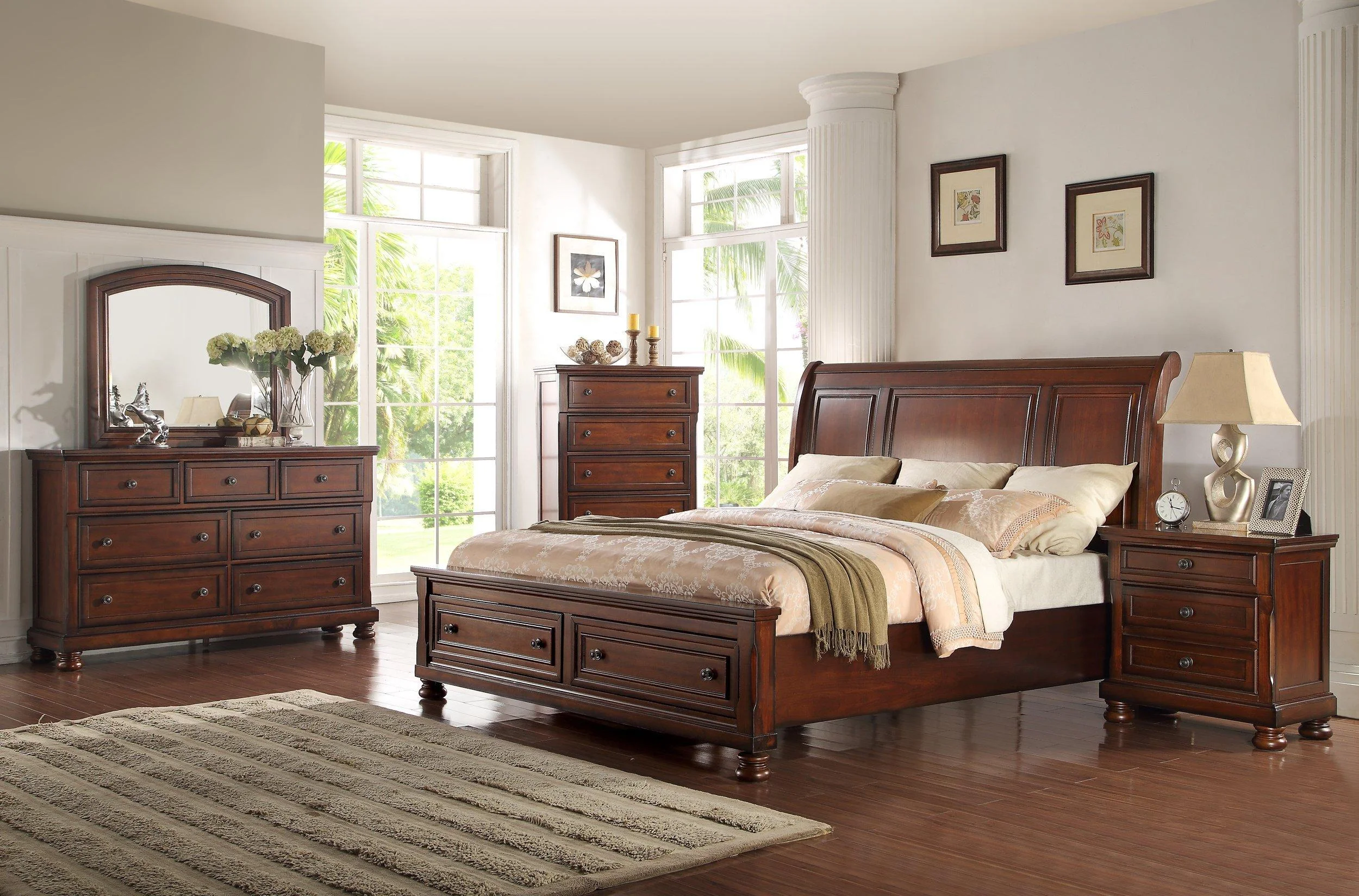 Cherry Wood Cal King Storage Bedroom Set 5P McFerran B608-EK Classic Traditional