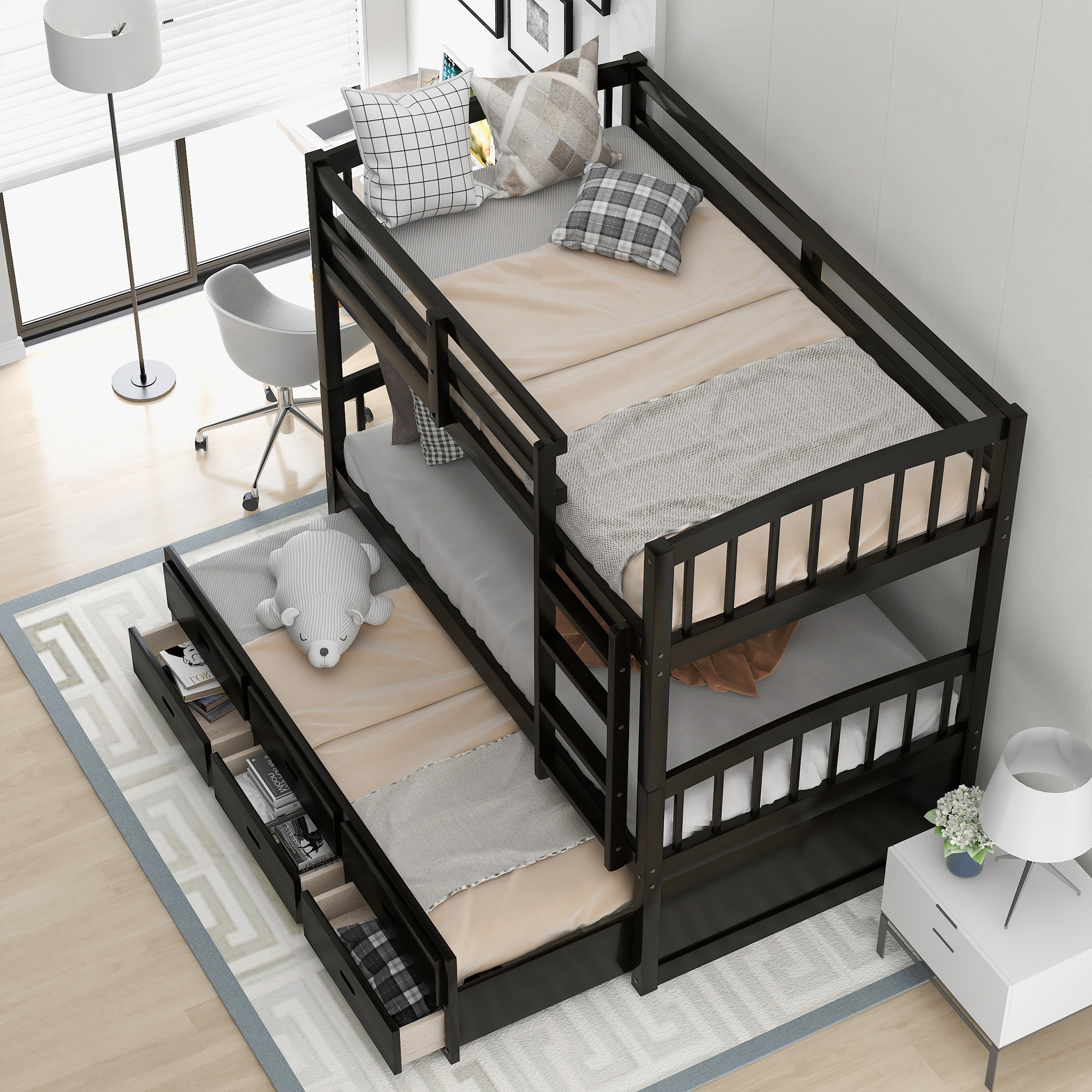 CoSoTower Twin Over Twin Wood Bunk Bed With Trundle And Drawers, Espresso