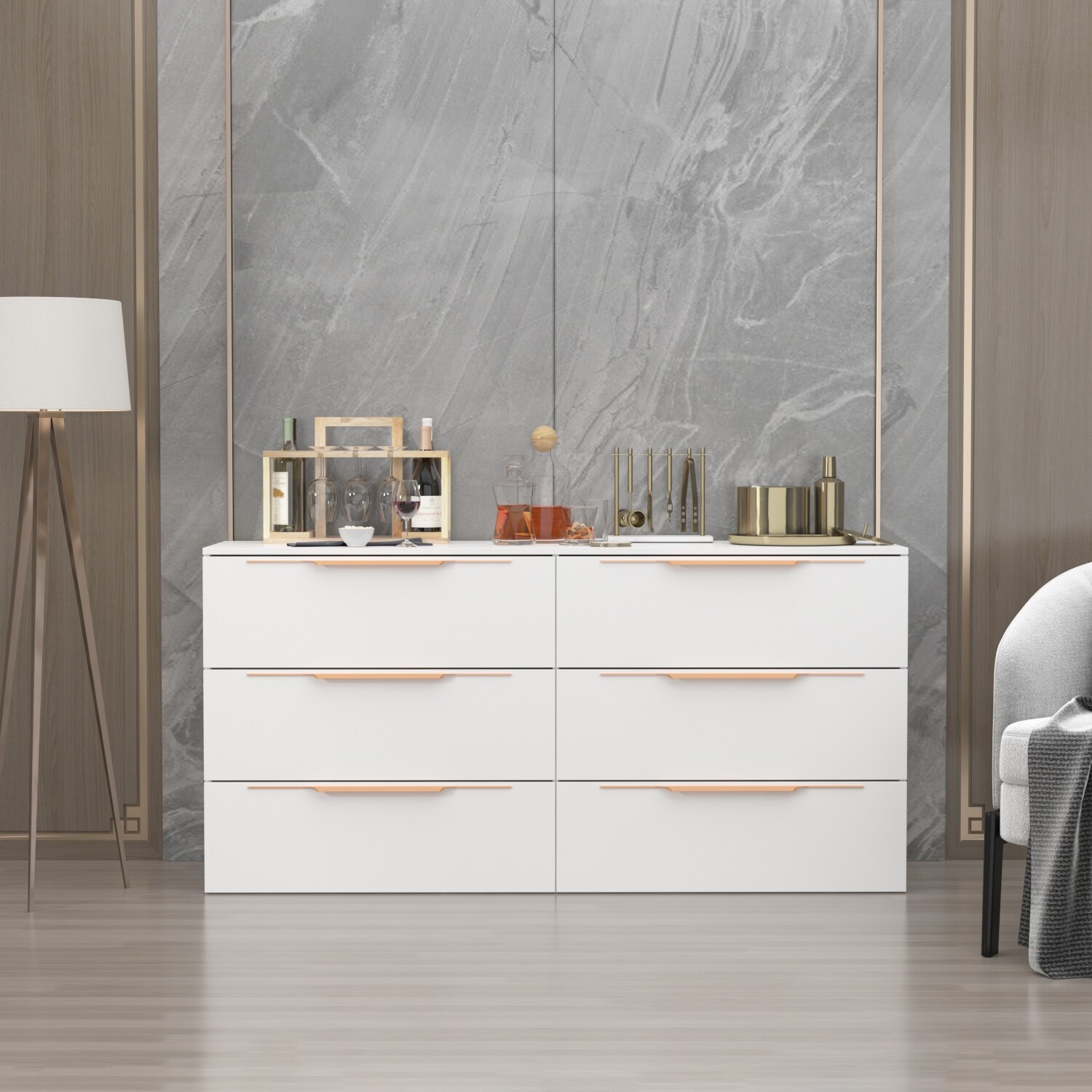 Kerrogee 63-inch 6 Drawers White Floor Double Dresser w/ Copper Handle