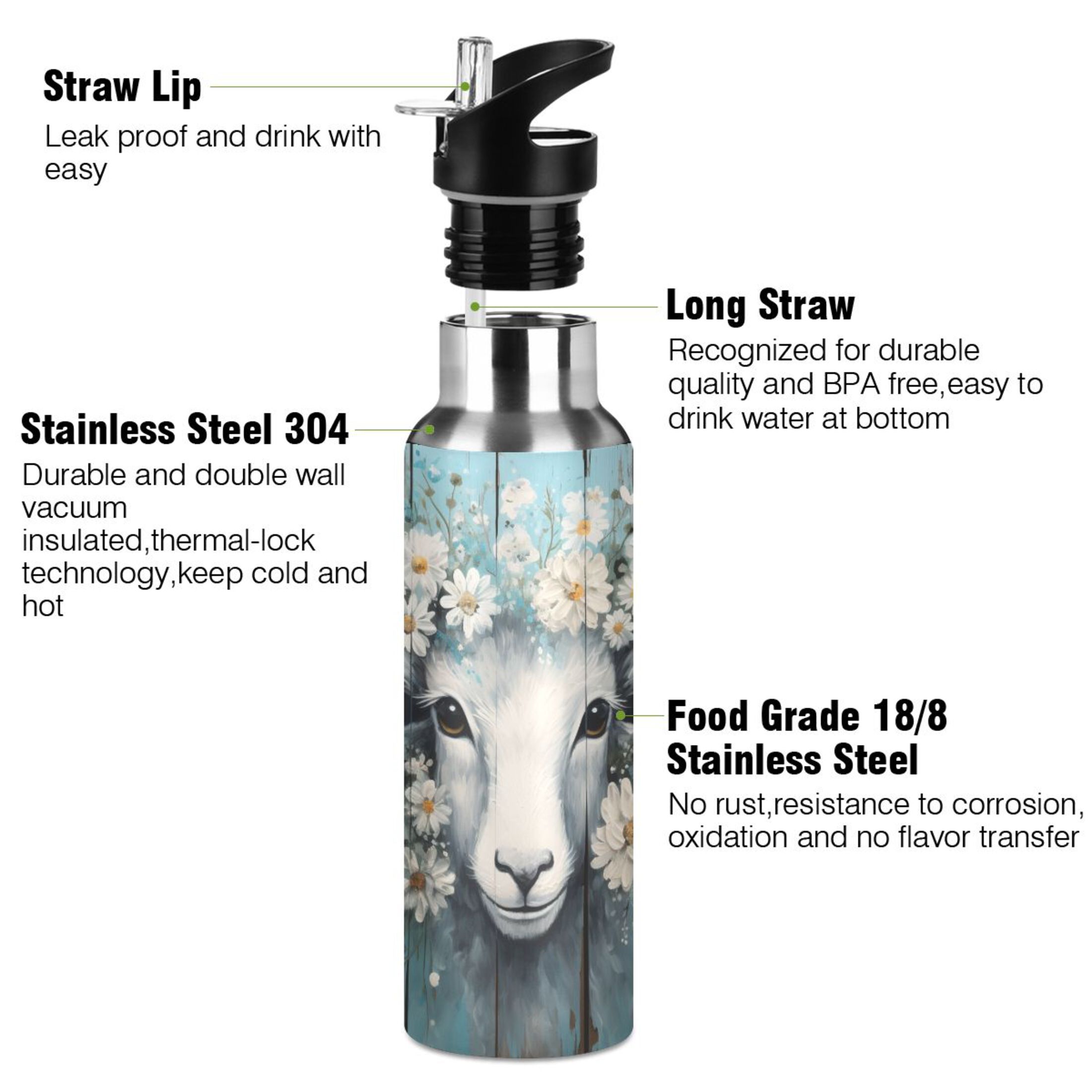 Sheep with Floral Water Bottles Insulated Thermos Kids Stainless Steel Bottle with Straw Lid Flask Leakproof for Sports Gym 20 oz