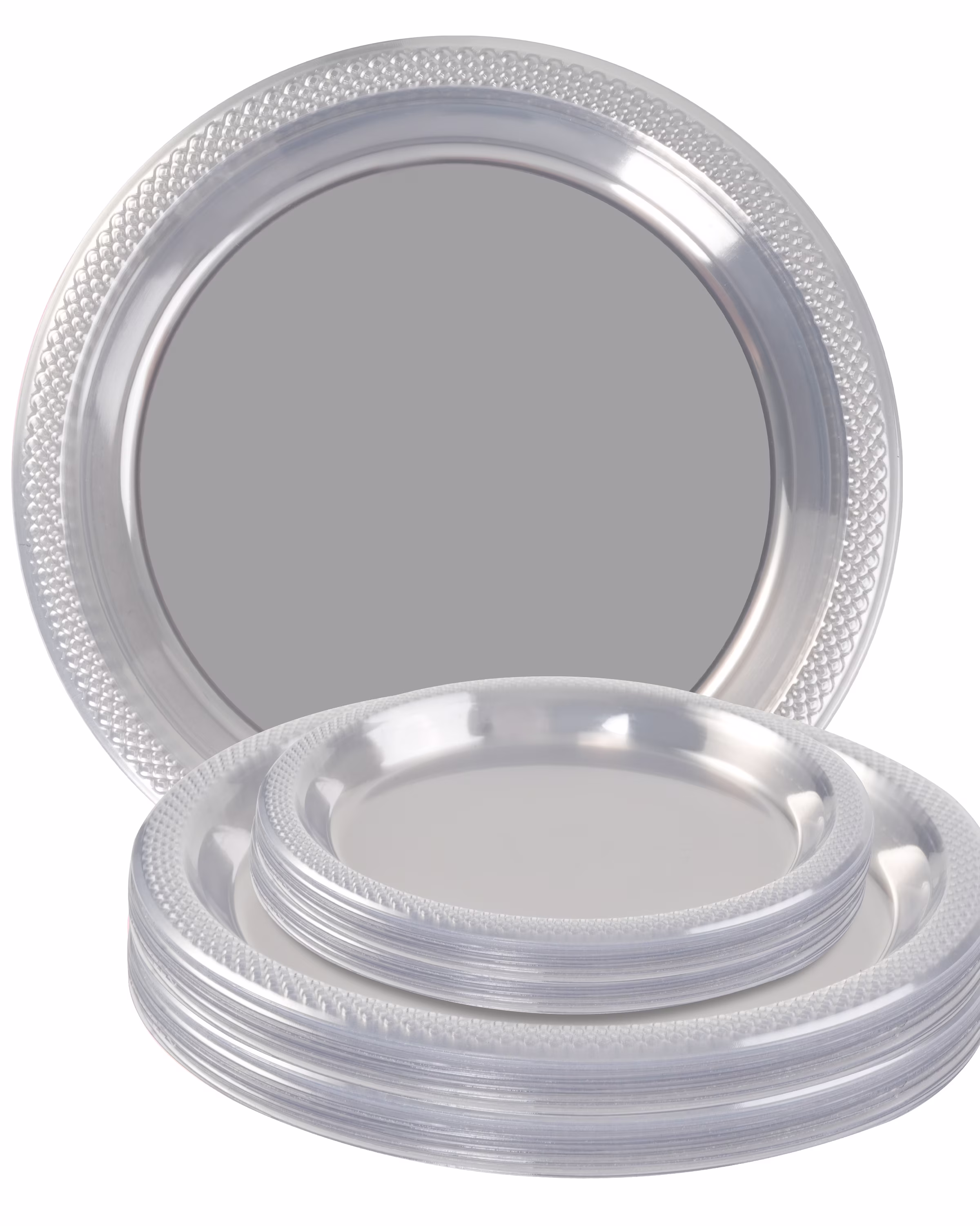 DF DUALFERV 100PCS Heavy Duty Clear Disposable Plates for Parties/Wedding, Including 40PCS 7inch, 35PCS 9inch, 25PCS 10inch Black Dinner Plates