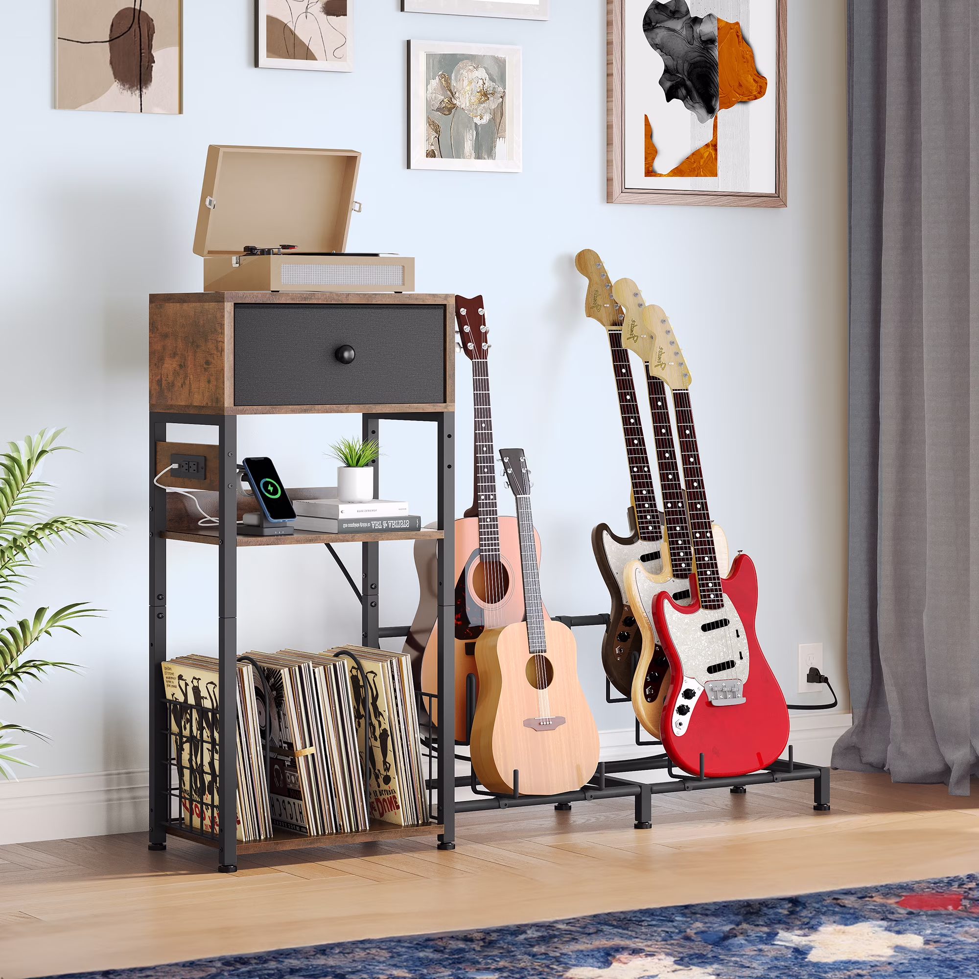 Dextrus Guitar Stand 4 Holder, Storage Drawer and Power Strip, Adjustable Multiple Guitar Stands Floor With Amp Accessories Rack