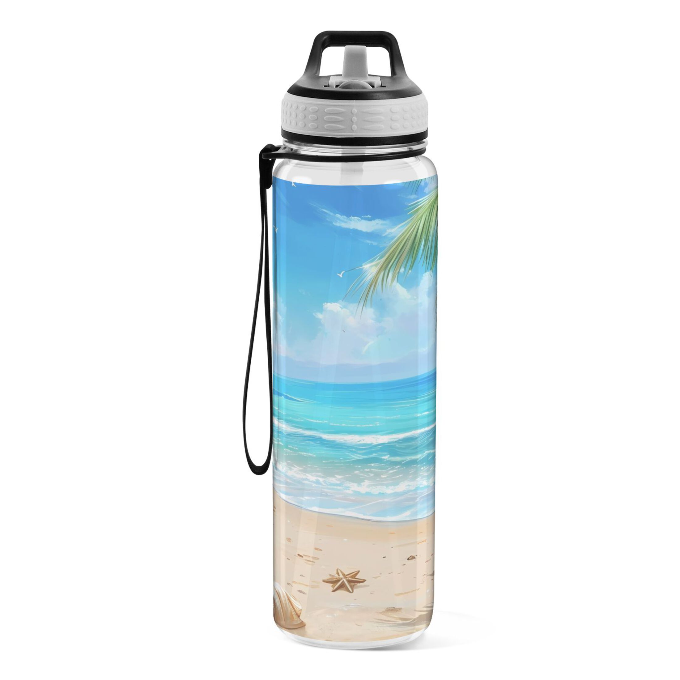 Beach with Palm Tree 32oz Sports Water Bottles Leakproof Tritan Bottle with Straw BPA Free Clear Bottle for Fitness Gym Outdoor Cycling