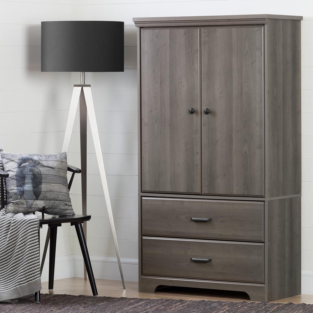 South Shore Versa 2-Door Armoire with Drawers, Gray Maples, Laminated particleboard