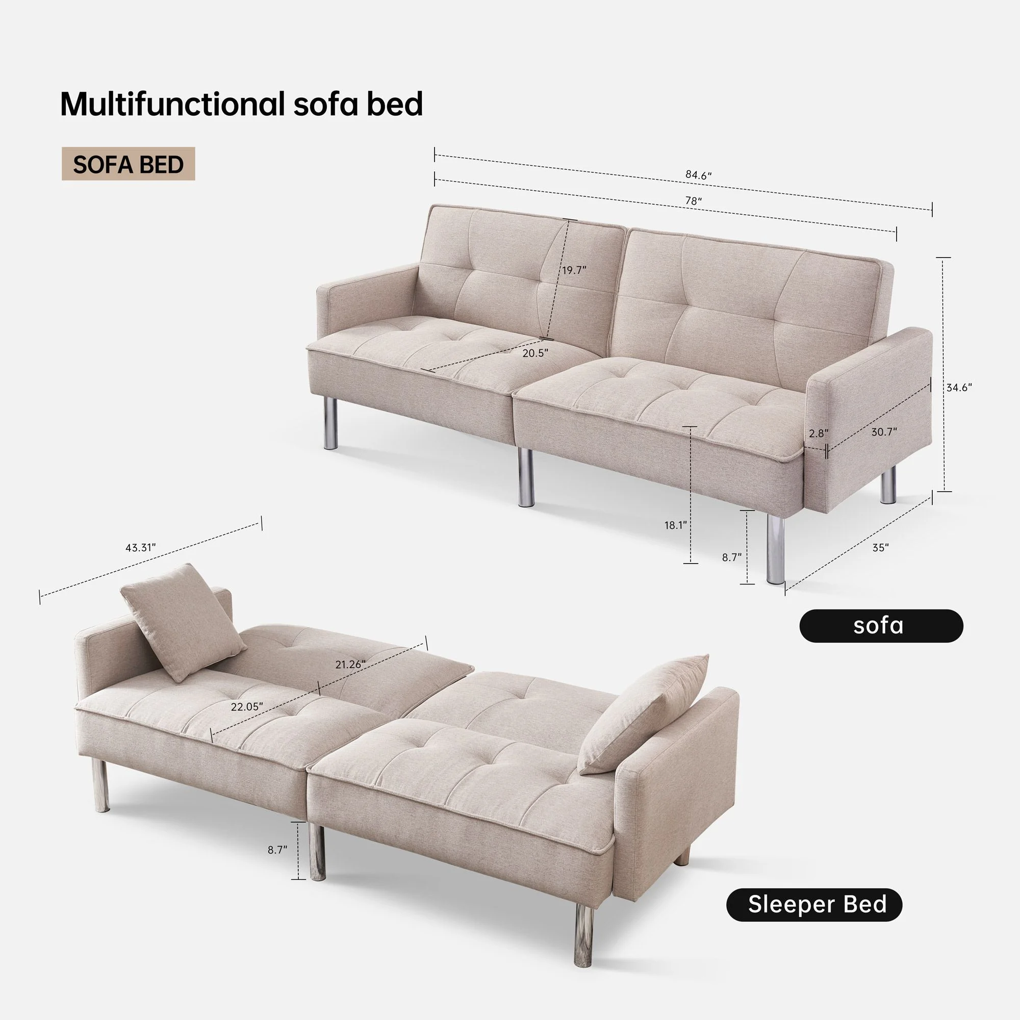 Moootto  84.6 in. Extra Long Modern Tufted Beige Fabric Futon Adjustable Sofa Bed & Folding Daybed Guest Bed, Upholstered Modern Convertible Sofa