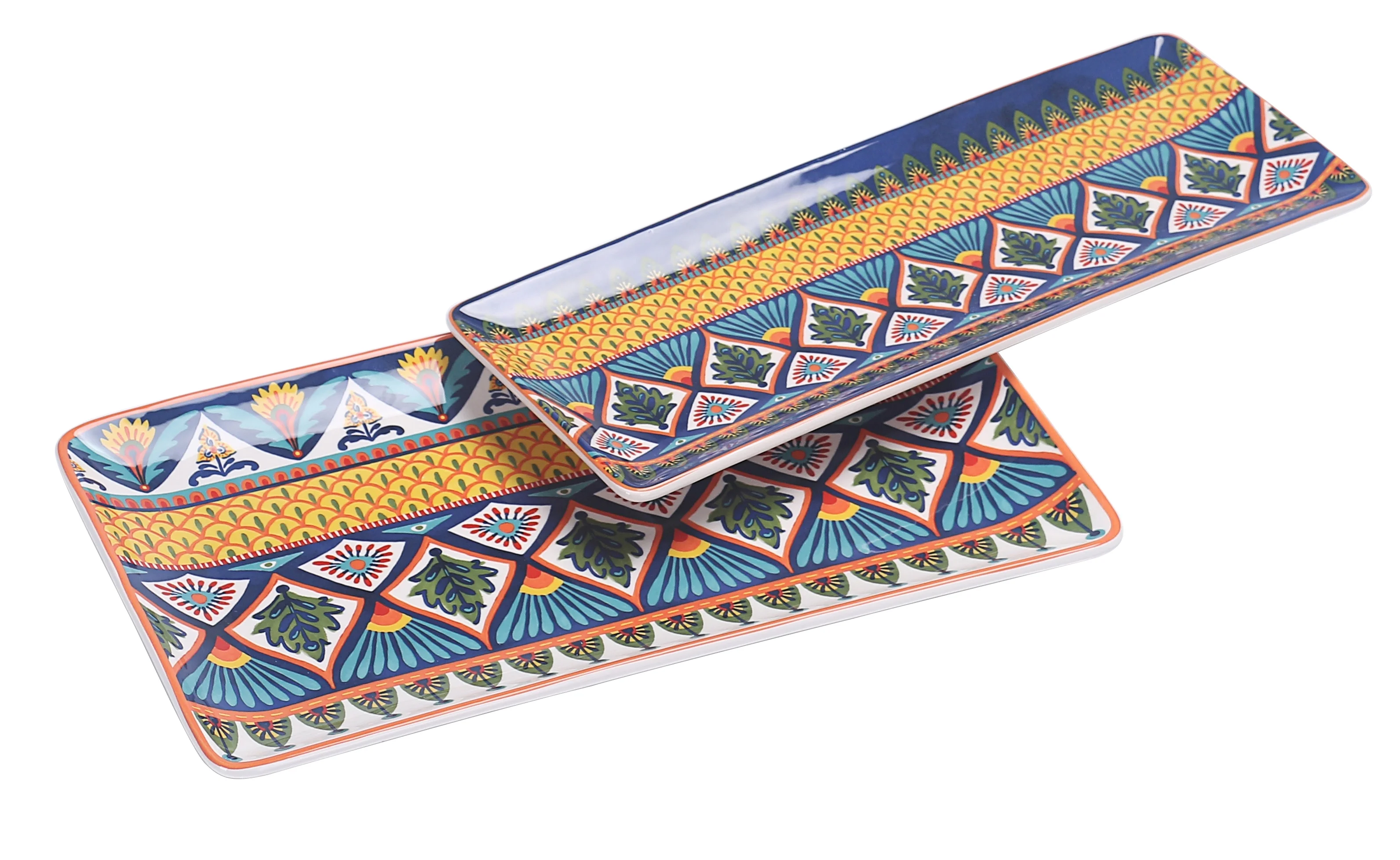 Bico Havana Ceramic 14 inch Rectangular Serving Platter, Set of 2, for Serving Salad, Pasta, Cheese, Ham, Appetizer, Microwave & Dishwasher Safe