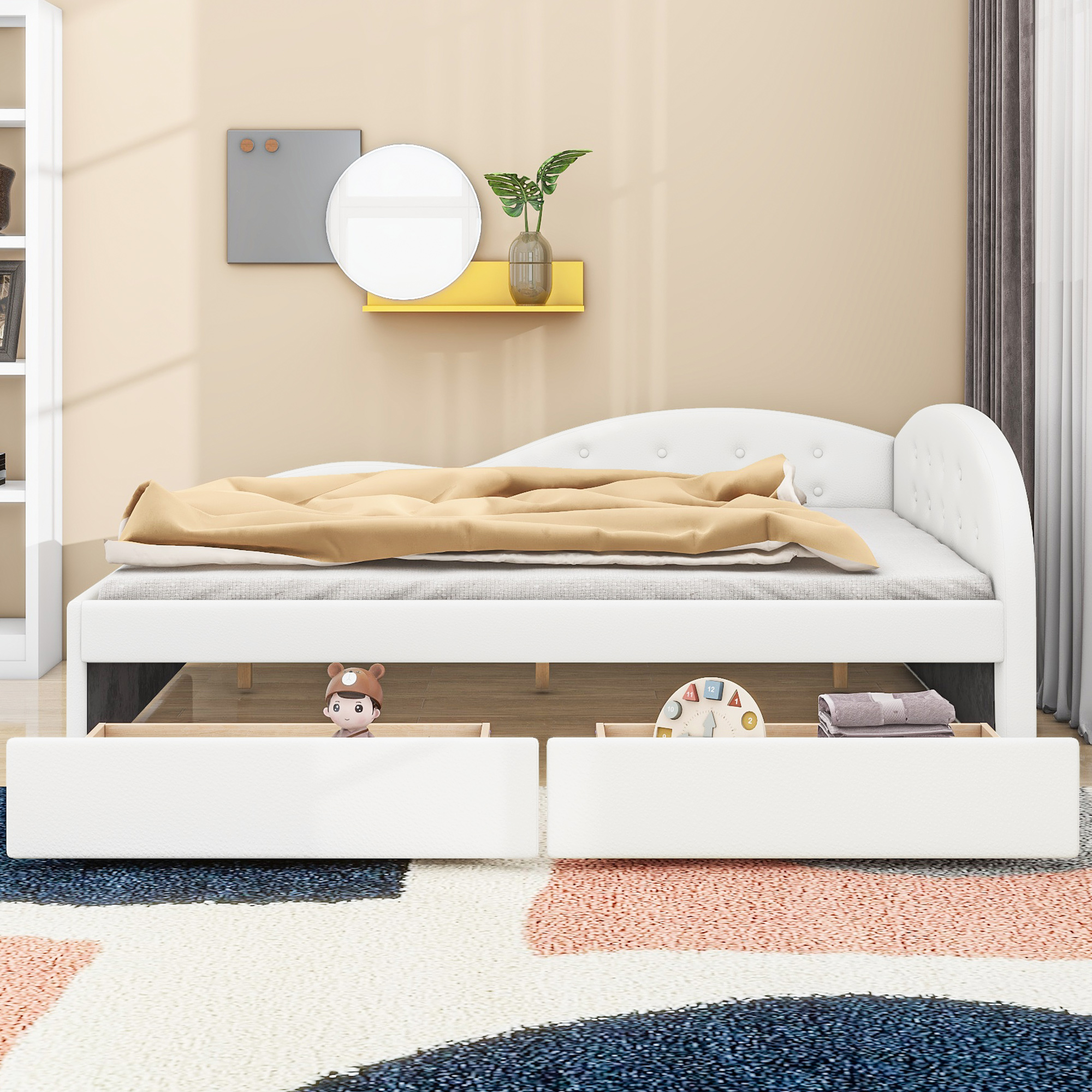 CoSoTower Full Size PU Upholstered Tufted Daybed with Two Drawers and Cloud Shaped Guardrail, White