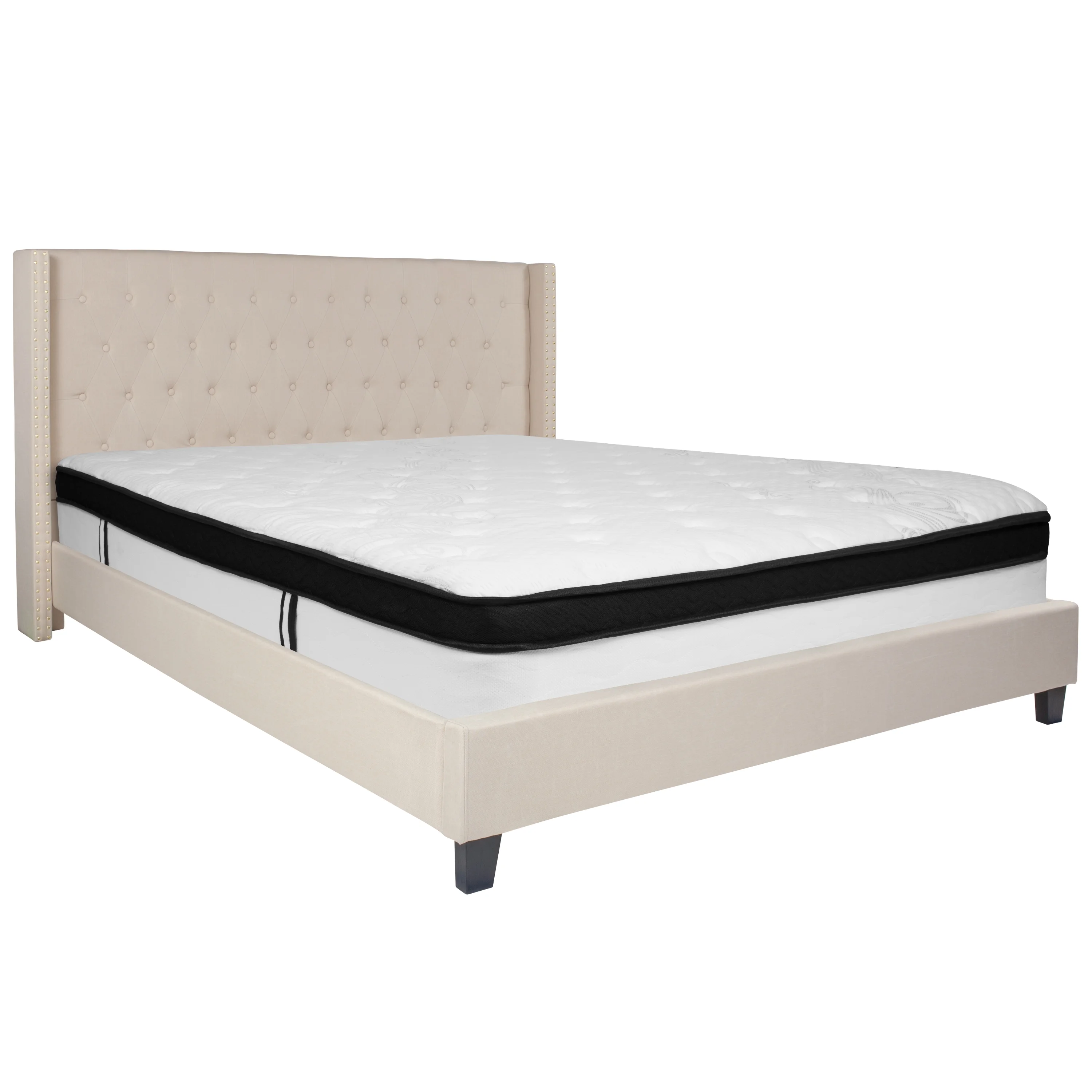 BizChair King Size Tufted Upholstered Platform Bed with Accent Nail Trimmed Extended Sides in Beige Fabric with Mattress