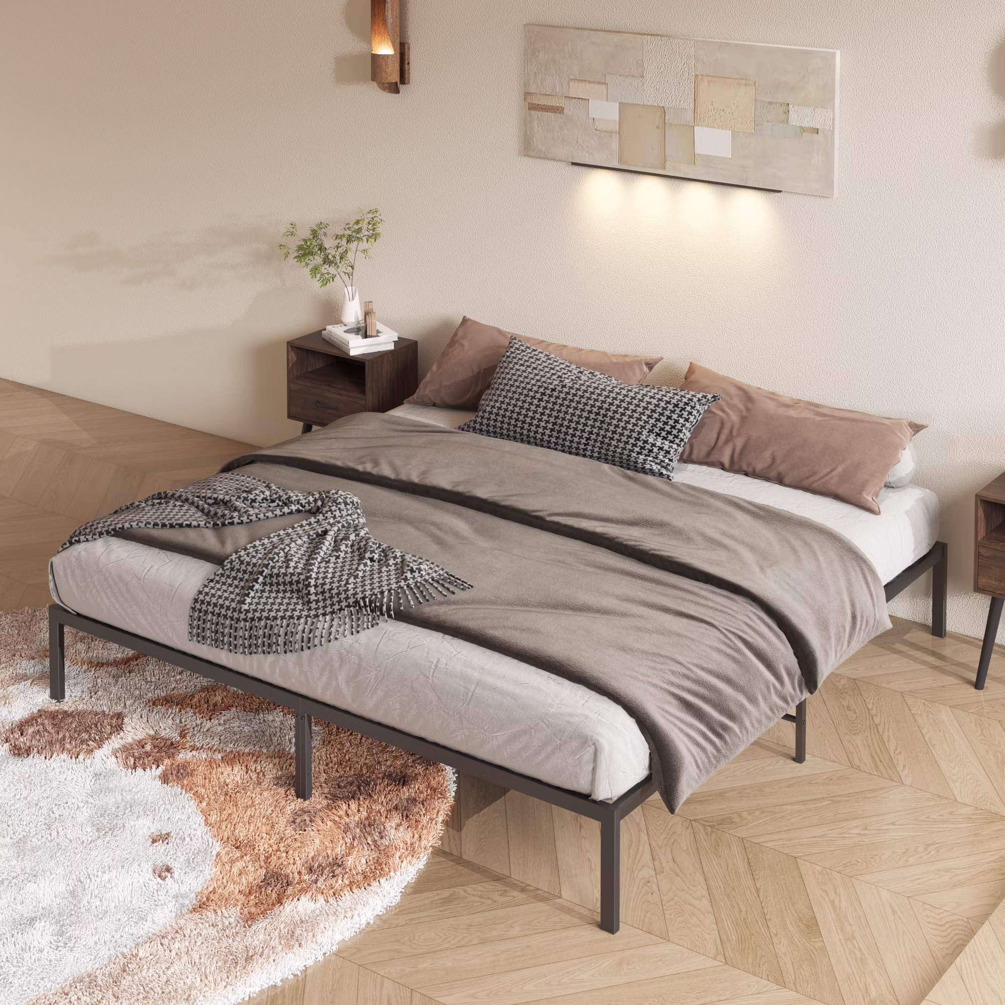 EUROCO Full/Queen/King Size Metal Platform Bed, Free Assembly Metal Slats Bed Frame, No Box Spring Need, Black