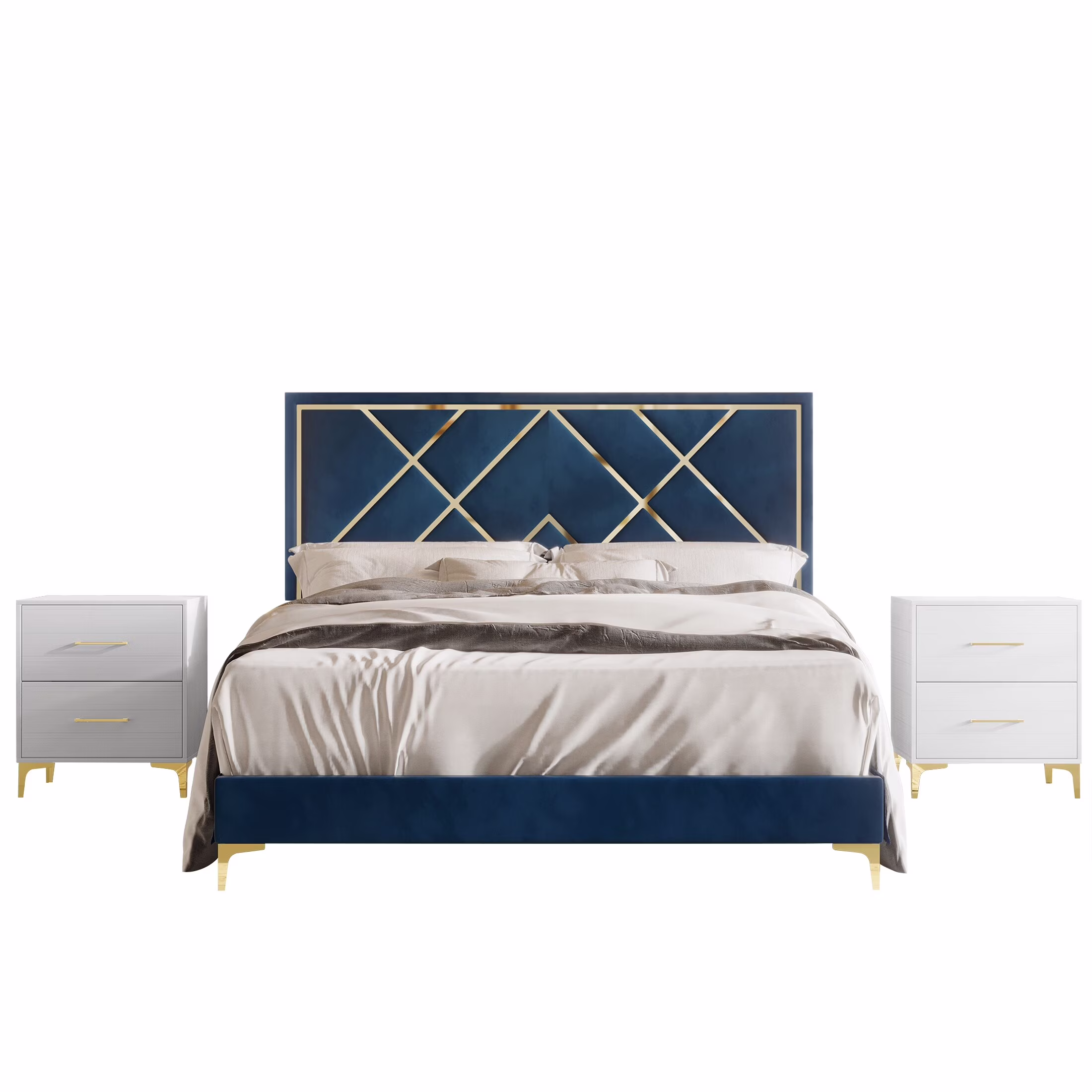 CraftPorch  3 Piece Bedroom Nightstands Set Velvet Upholstered Bed Navy Blue - King