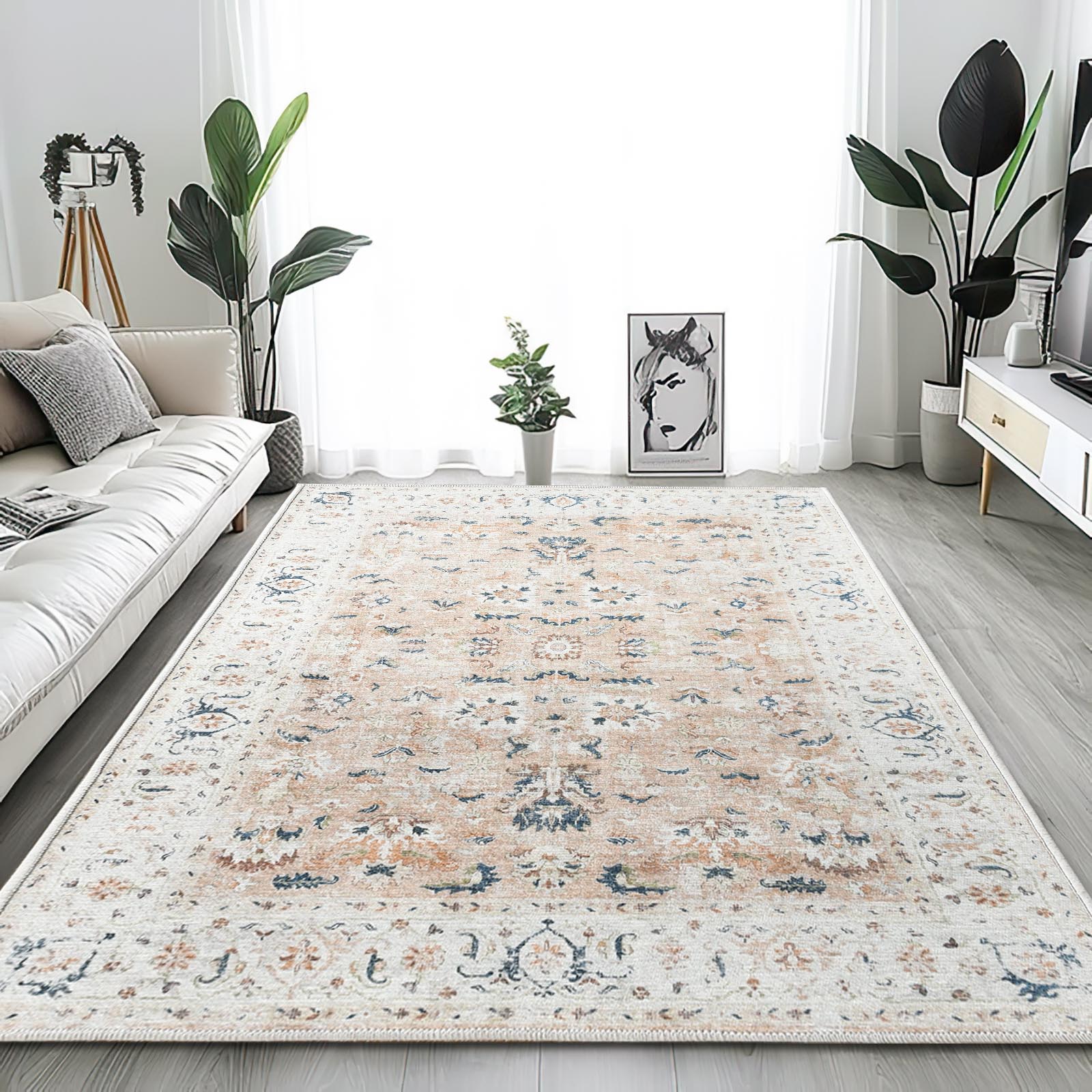 RUGKING Area Rug for Living Room 8x10 Blush Pink Vintage Carpet Traditional Rug Non-Slip Foldable Indoor Rug for Bedroom Kitchen Area Rug