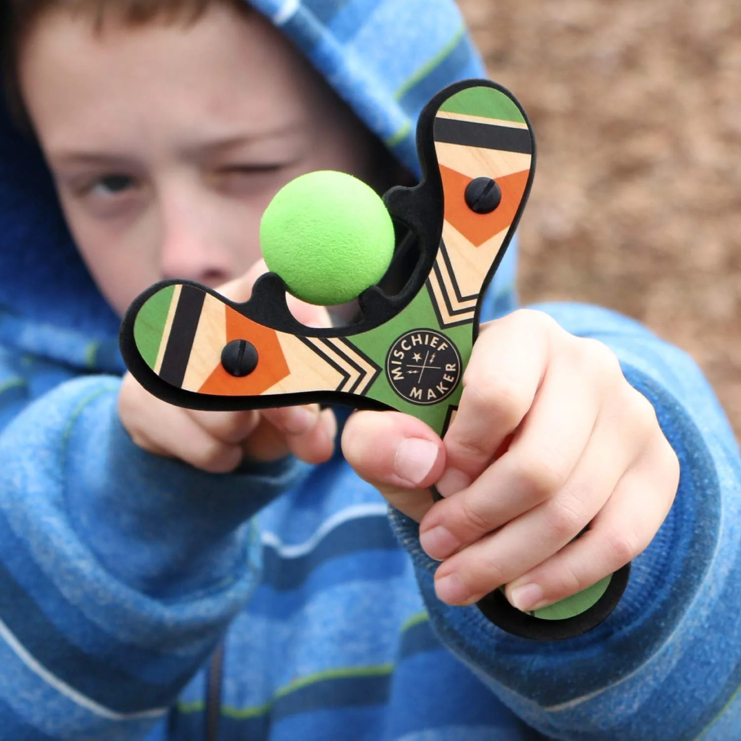 Mighty Fun! Mischief Maker Wooden Toy Slingshot Real Wood and Soft Foam Balls (Green Classic)