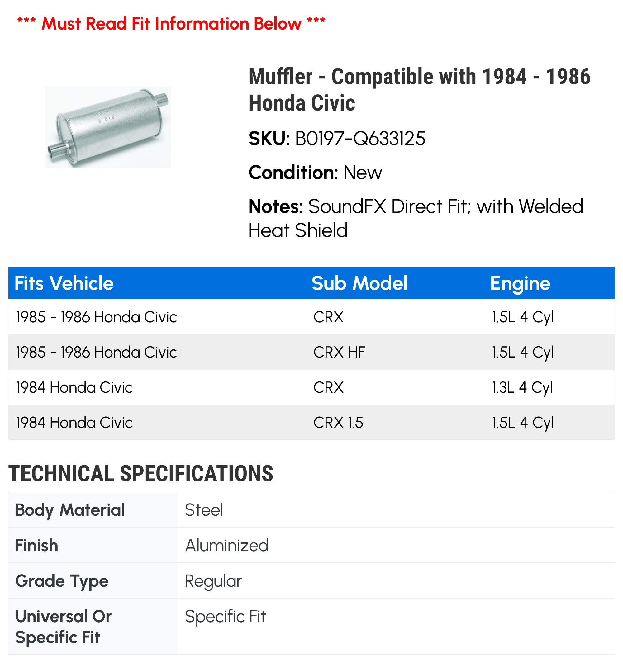 Muffler - Compatible with 1984 - 1986 Honda Civic 1985