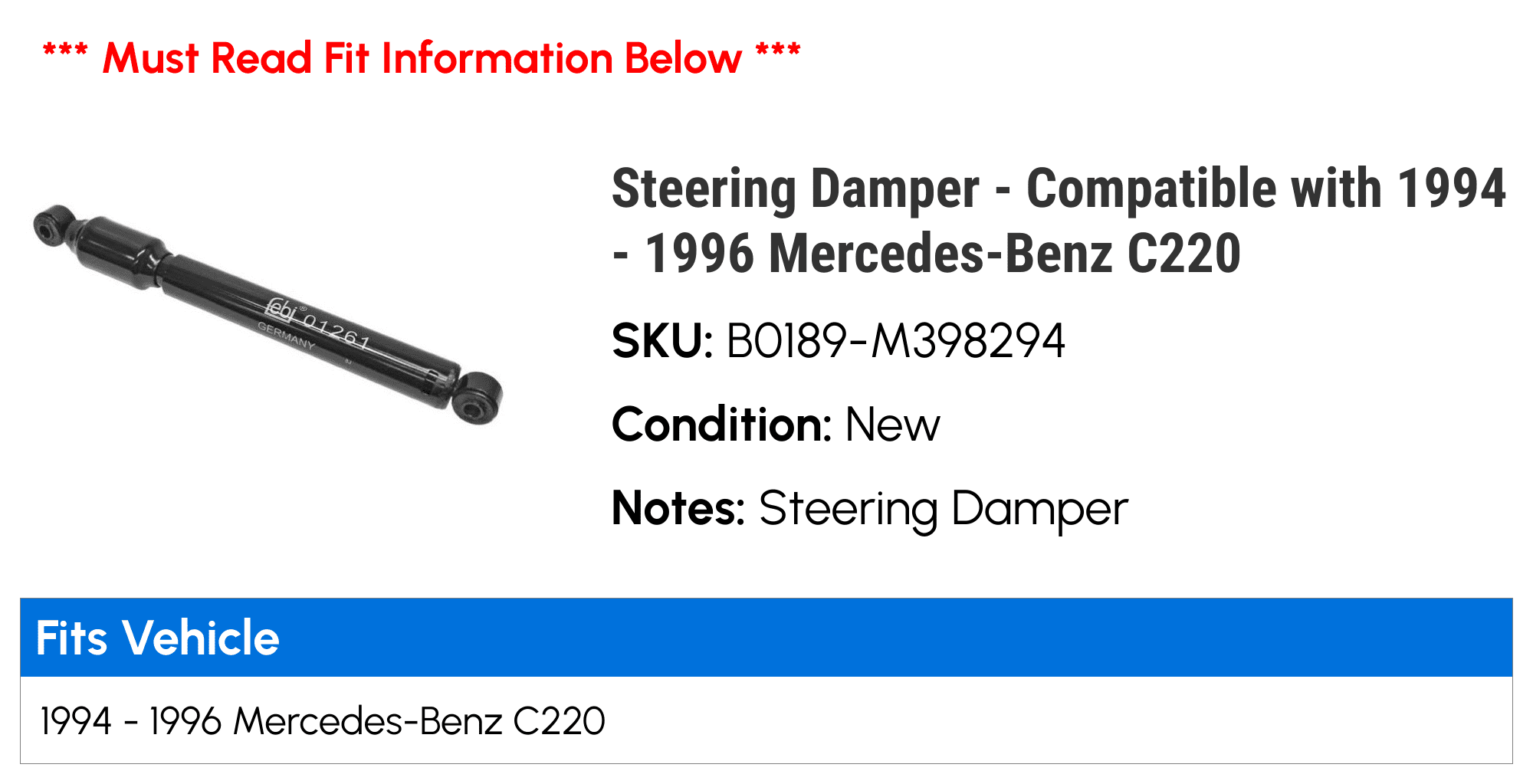 Steering Damper - Compatible with 1994 - 1996 Mercedes-Benz C220 1995