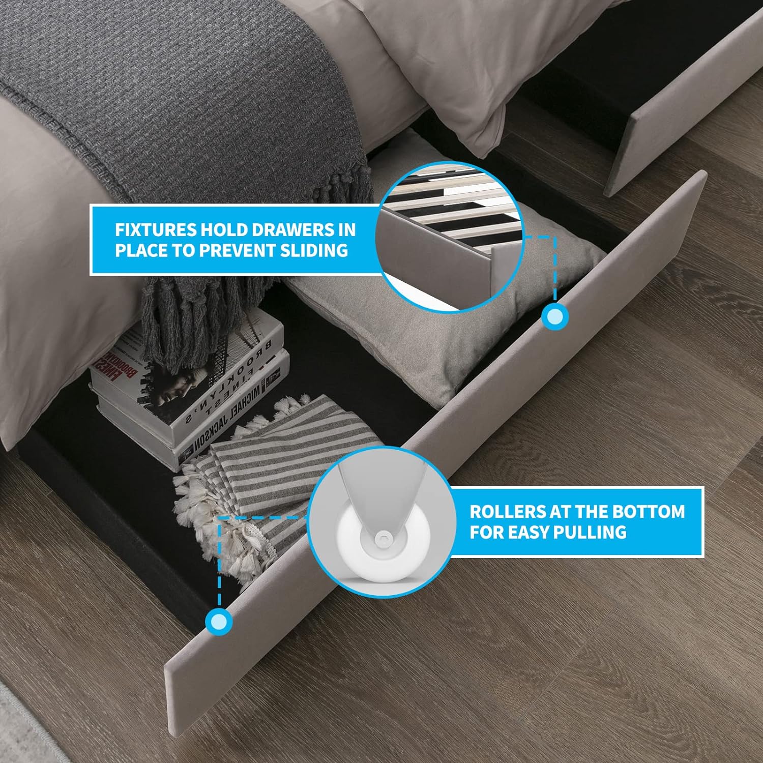 Puremind Queen Platform Bed Frames with 4 Storage Drawers, Velvet Upholstered Bed Frame Has Adjustable Button Tufted Headboard, No Box Spring Needed/Easy Assembly/No Mattress (Light Gray)