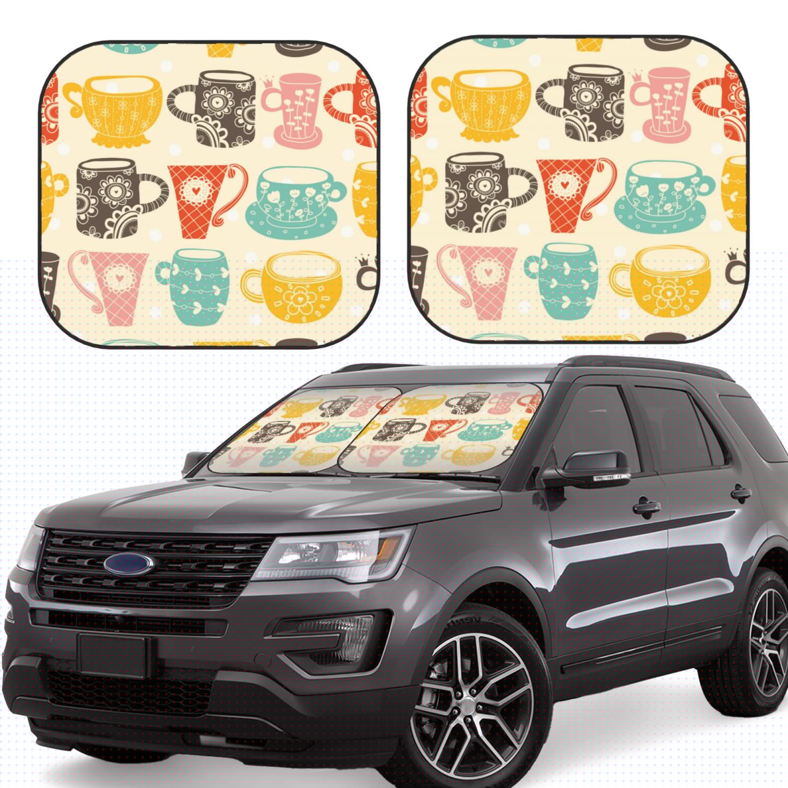 Lukts Vintage Cup Print 2 Piece Car Sun Shade Windshield,Foldable Car Shade Front Windshield With Keeps Your Vehicle Cool, For Most Sedans Suv And Trucks - Small