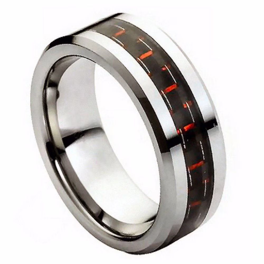 8mm Tungsten Carbide High Polished with Red & Black Carbon Fiber Inlay Wedding band Ring for Men and Ladies