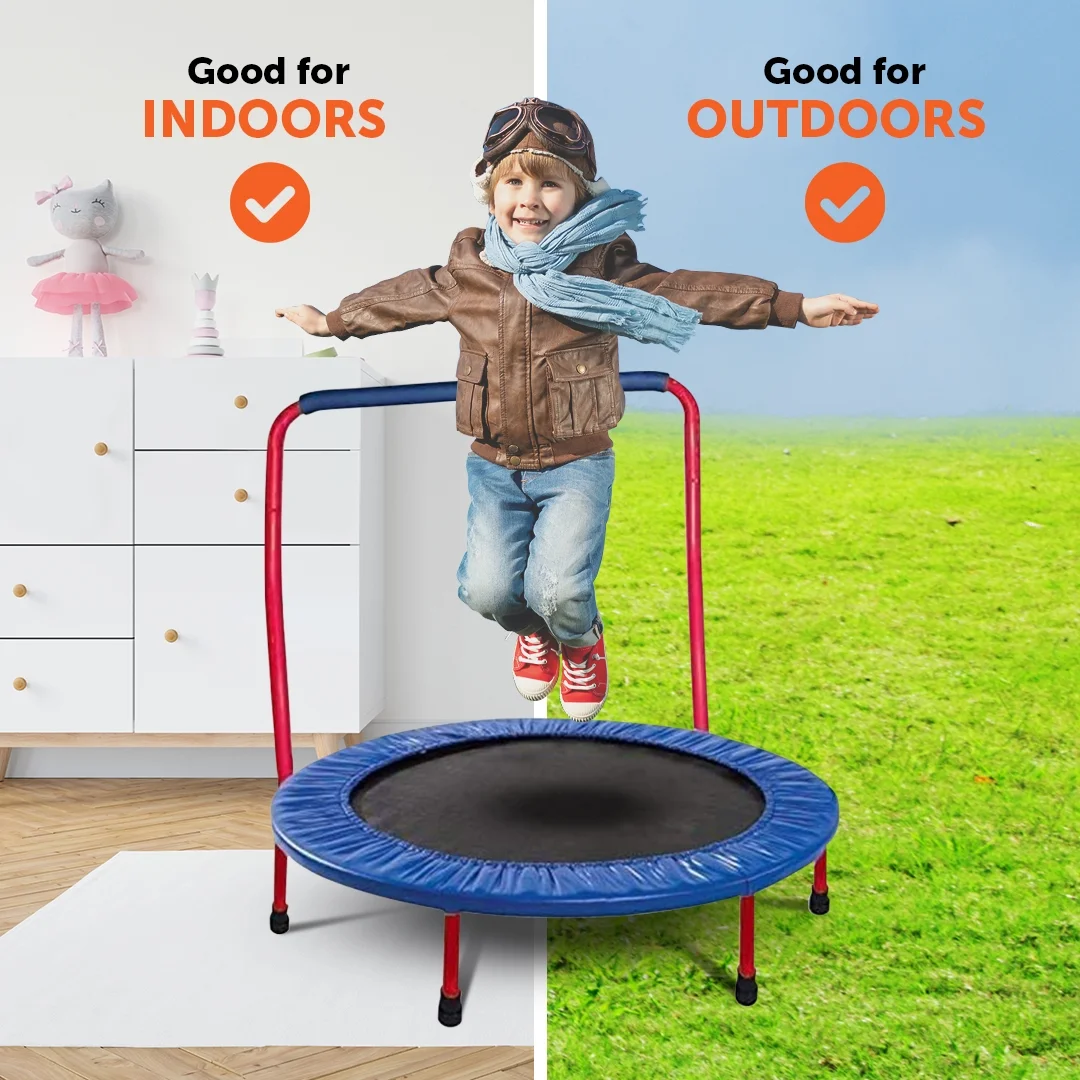 Gymenist Toddler 36 Inch Kid Round Trampoline With Kids Handle Bar Can Be Folded for Storage or Travel Jumping Trampolines Blue Yellow Colored