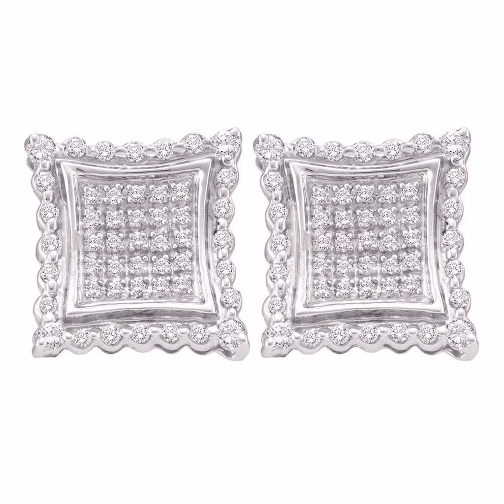 10k White Gold Round Diamond Square Kite Cluster Earrings 1/2 Cttw