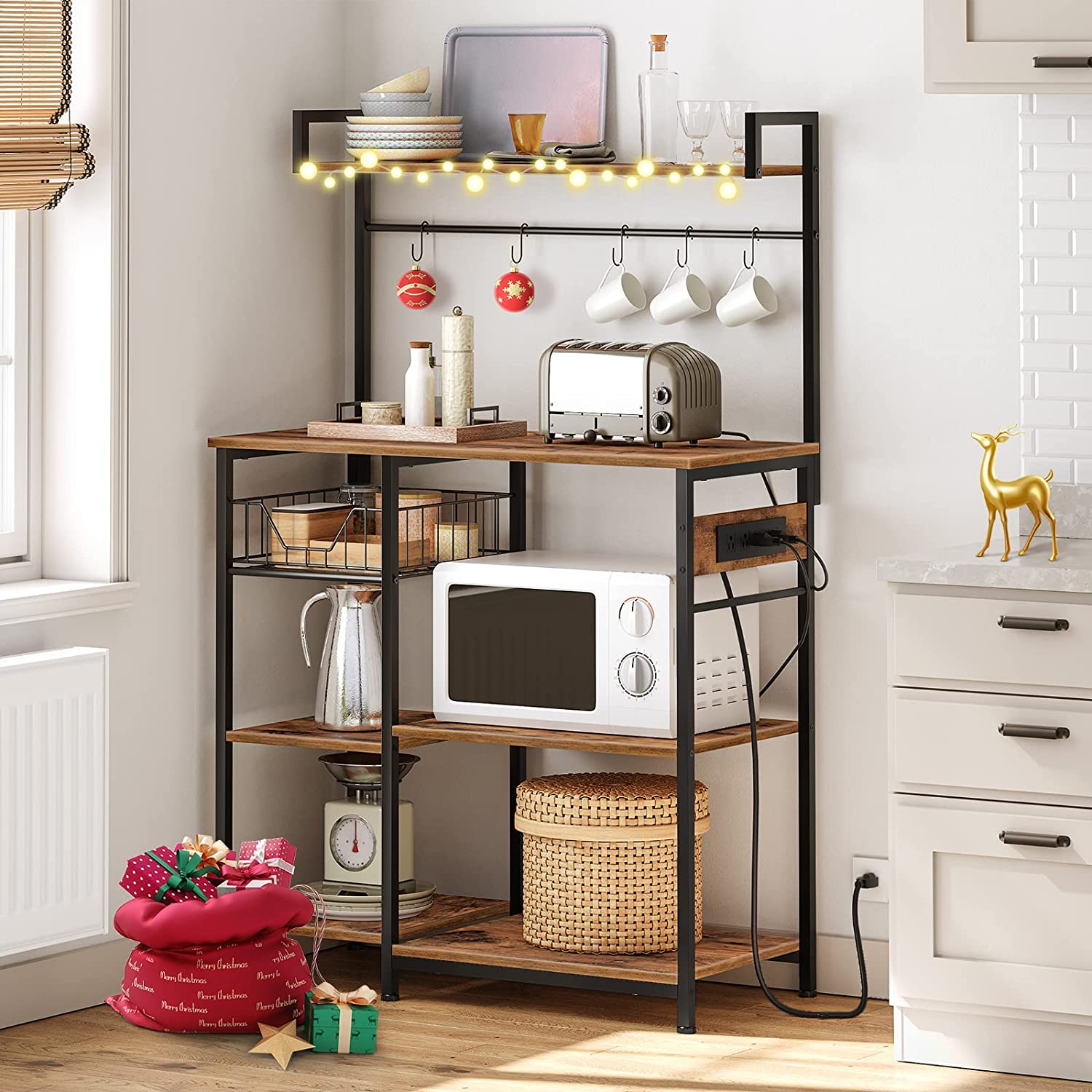 Bakers Rack with Power Outlet, 35.4 Inches Coffee Bar with Mesh Basket, Microwave Stand with 4 S-Shaped Hooks, Kitchen Bakers Rack with Storage, Easy to Assemble, Rustic Brown BF05HB01