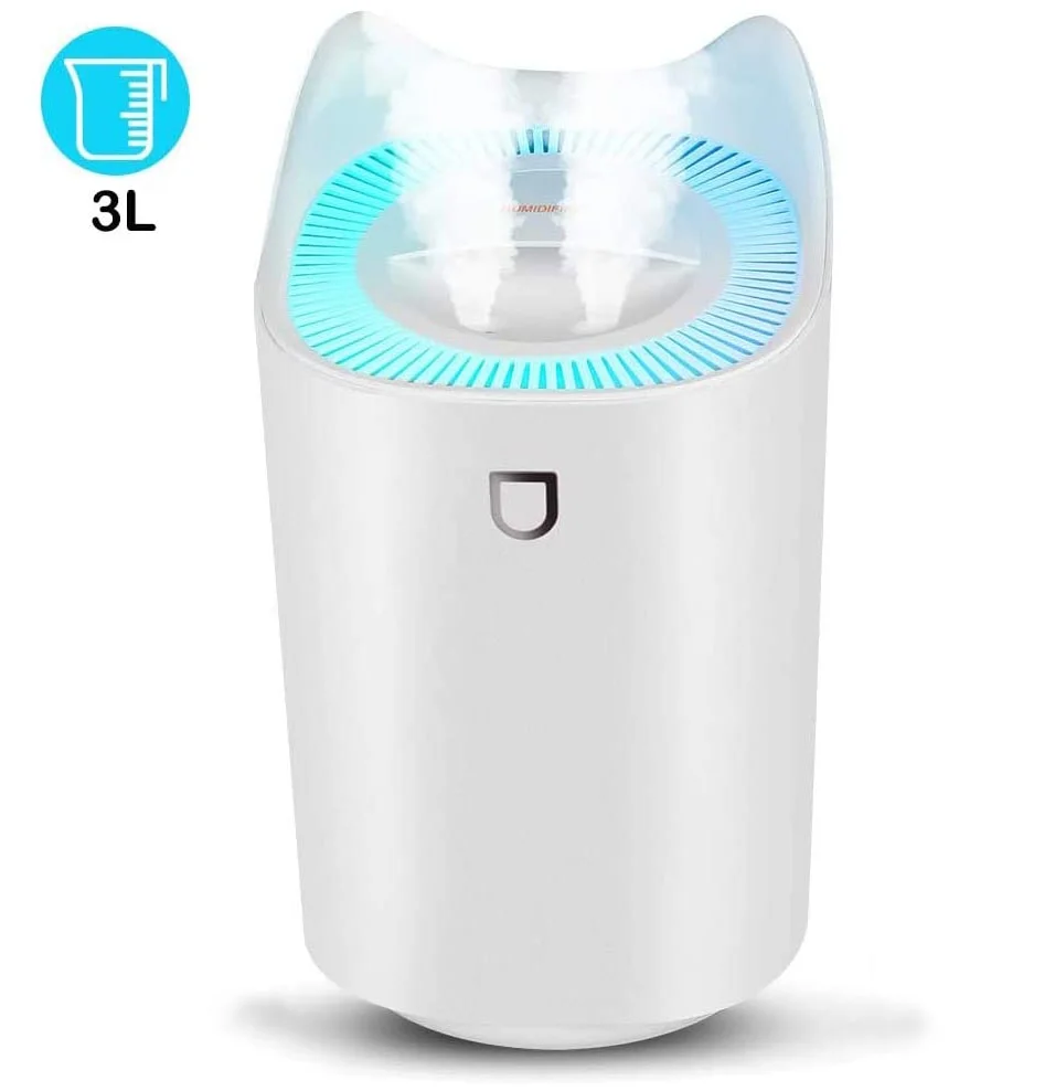 Cool Mist Humidifier,3L Large Water Tank Humidifier For Bedroom,Whisper Quiet Air humidifier with 2 Nozzle,3 Mist Modes Baby Humidifier Lasts Up to 24 Hours,Automatic Shut-Off and Night Light Function