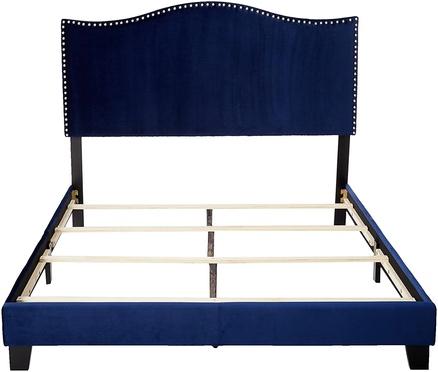 Skye Upholstered Panel Bed, Blue Velvet, Full, With Solid Wood Legs, Nailhead Headboard, Footboard, Rails, Slats