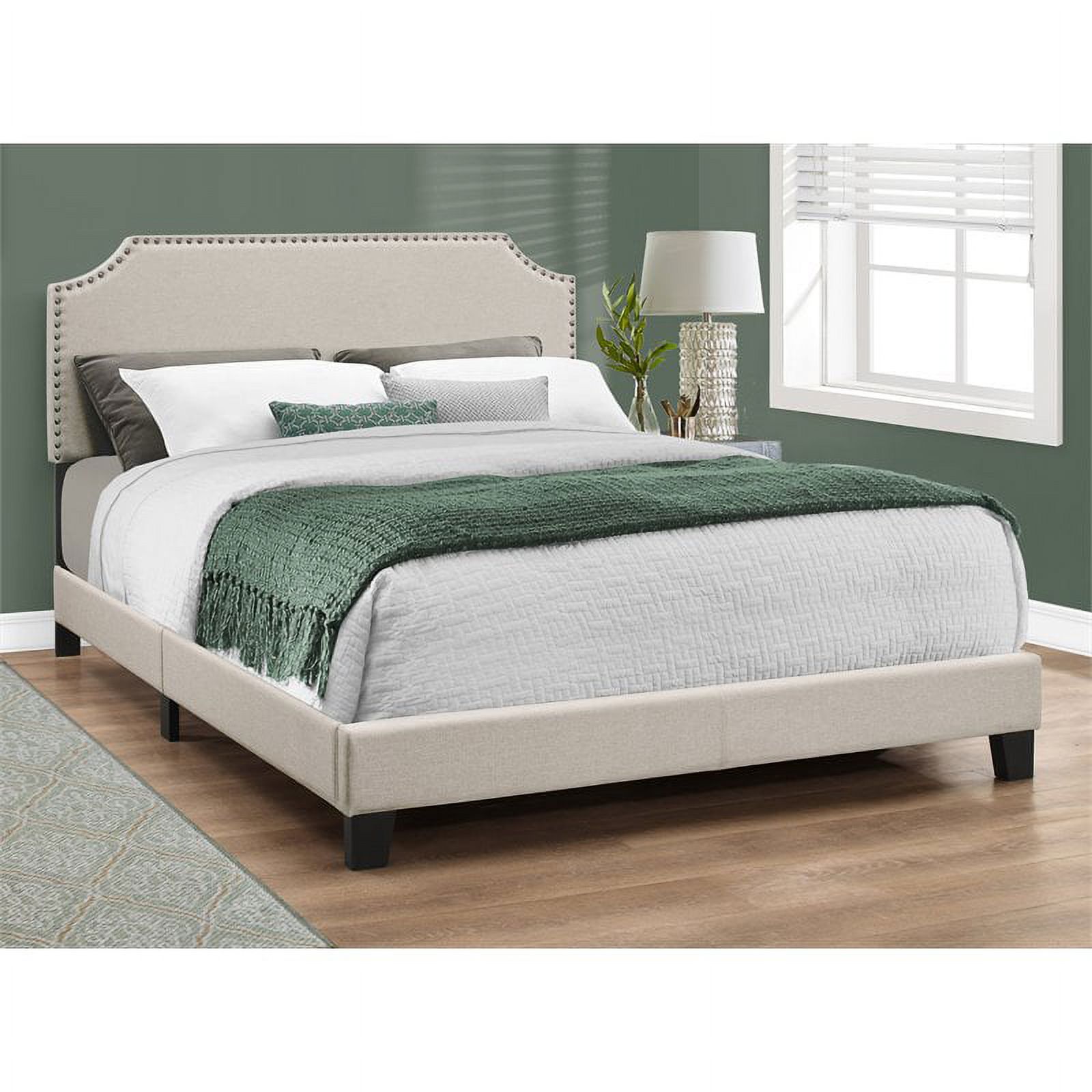 Bowery Hill Bed Queen Platform Bedroom Frame Upholstered Linen Look Beige Black