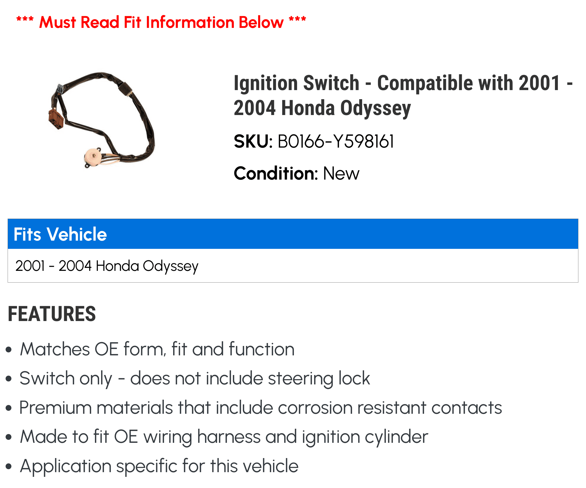 Ignition Switch - Compatible with 2001 - 2004 Honda Odyssey 2002 2003