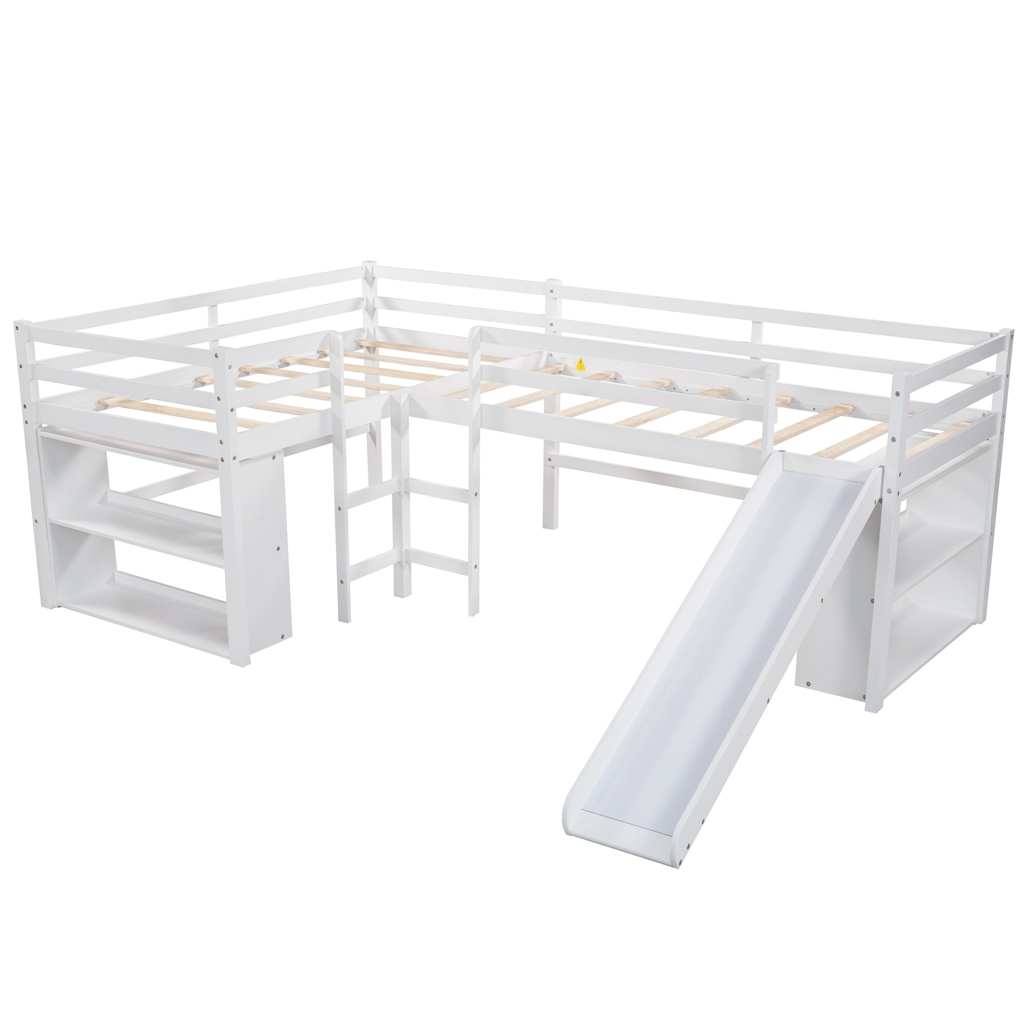 Home Adores Brelle L-Shaped Twin Size Loft Bed with Movable Shelves and Slide White