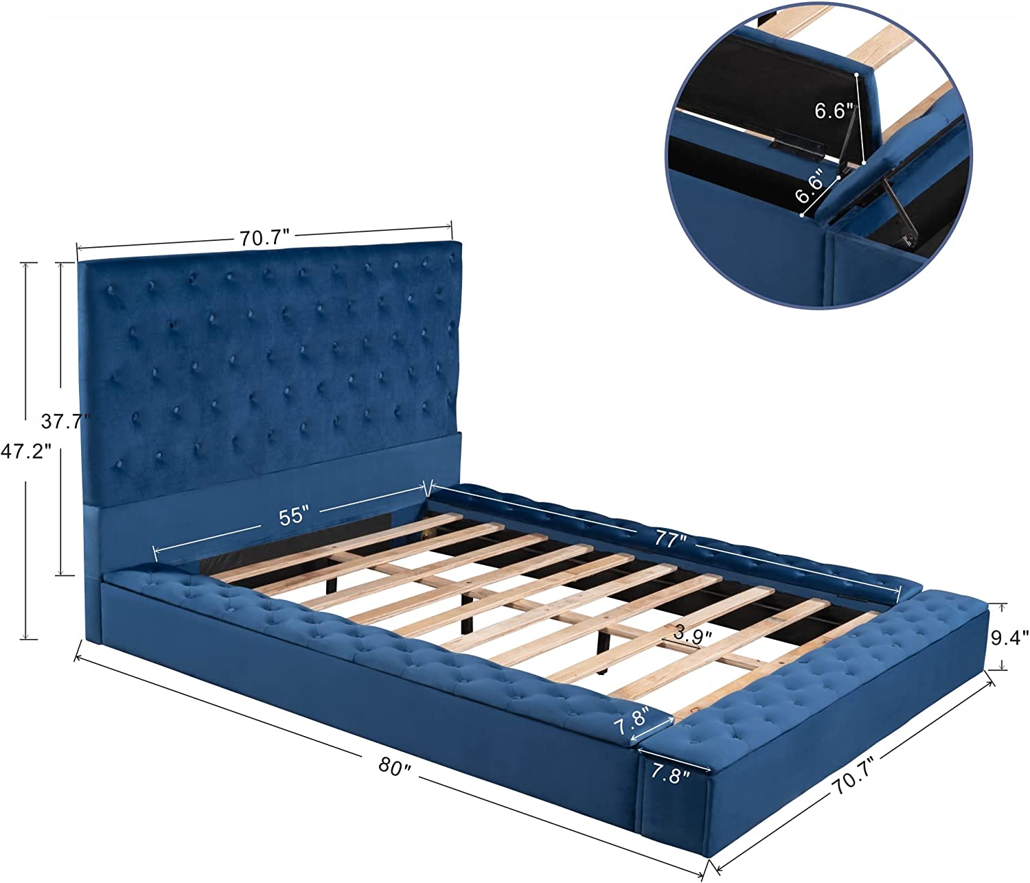 Full Size Upholsery Plaform Bed Wih Sorage Space O Boh Sides Ad Fooboard,Solid Wood Frame, Sla Suppor, o Box Sprig eeded